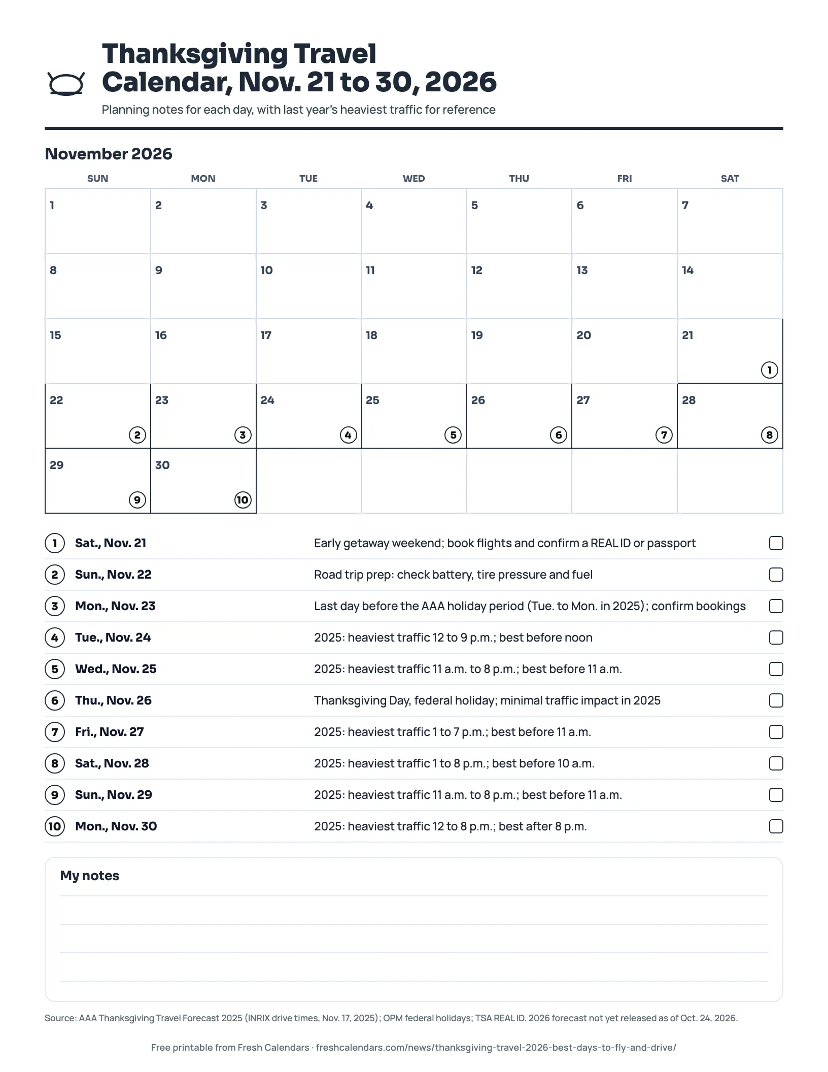Thanksgiving Travel Calendar, Nov. 21 to 30, 2026 (ink saver) Thanksgiving 2026 travel calendar printable for Nov. 21 to 30 with planning notes by day, ink-saver version