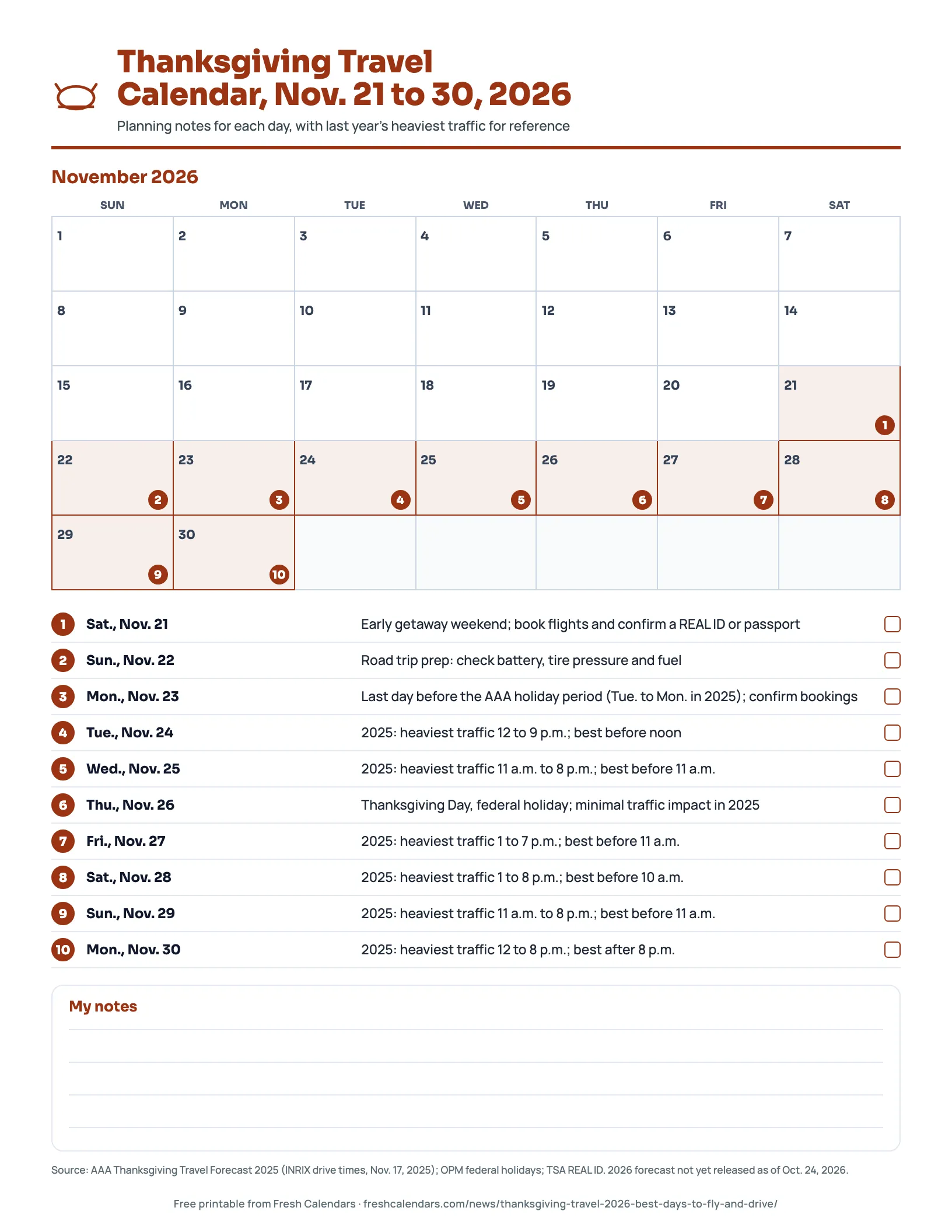 Thanksgiving Travel Calendar, Nov. 21 to 30, 2026 Thanksgiving 2026 travel calendar printable for Nov. 21 to 30 with planning notes by day