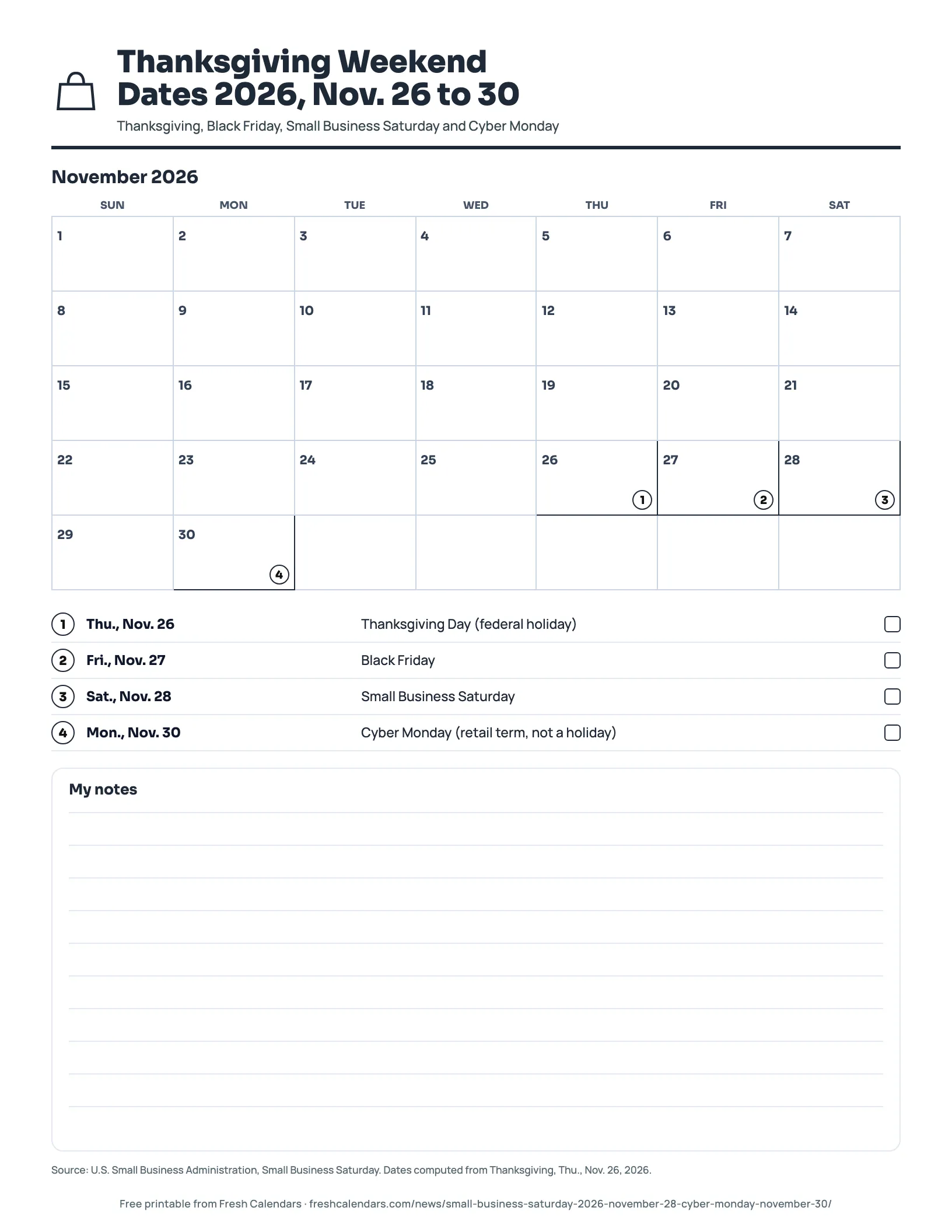 Thanksgiving Weekend Dates 2026, Nov. 26 to 30 (ink saver) Printable Thanksgiving weekend 2026 calendar marking Nov. 26, 27, 28 and 30, ink-saver version