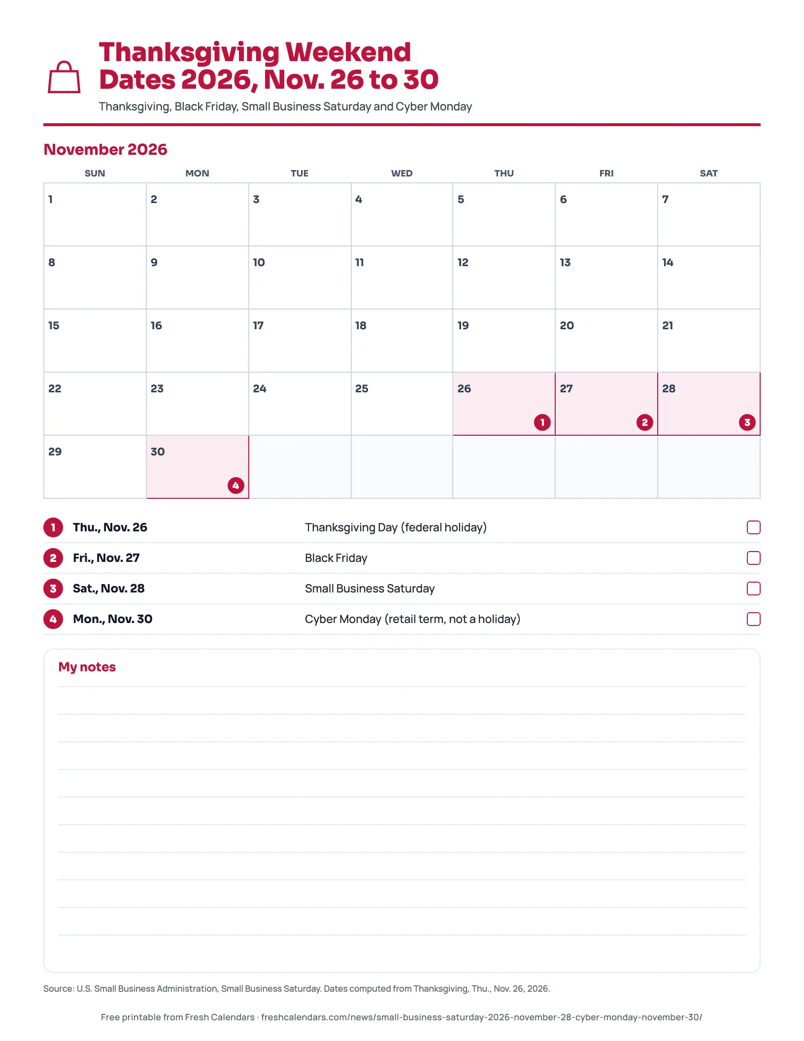 Thanksgiving Weekend Dates 2026, Nov. 26 to 30 Printable Thanksgiving weekend 2026 calendar marking Nov. 26, 27, 28 and 30