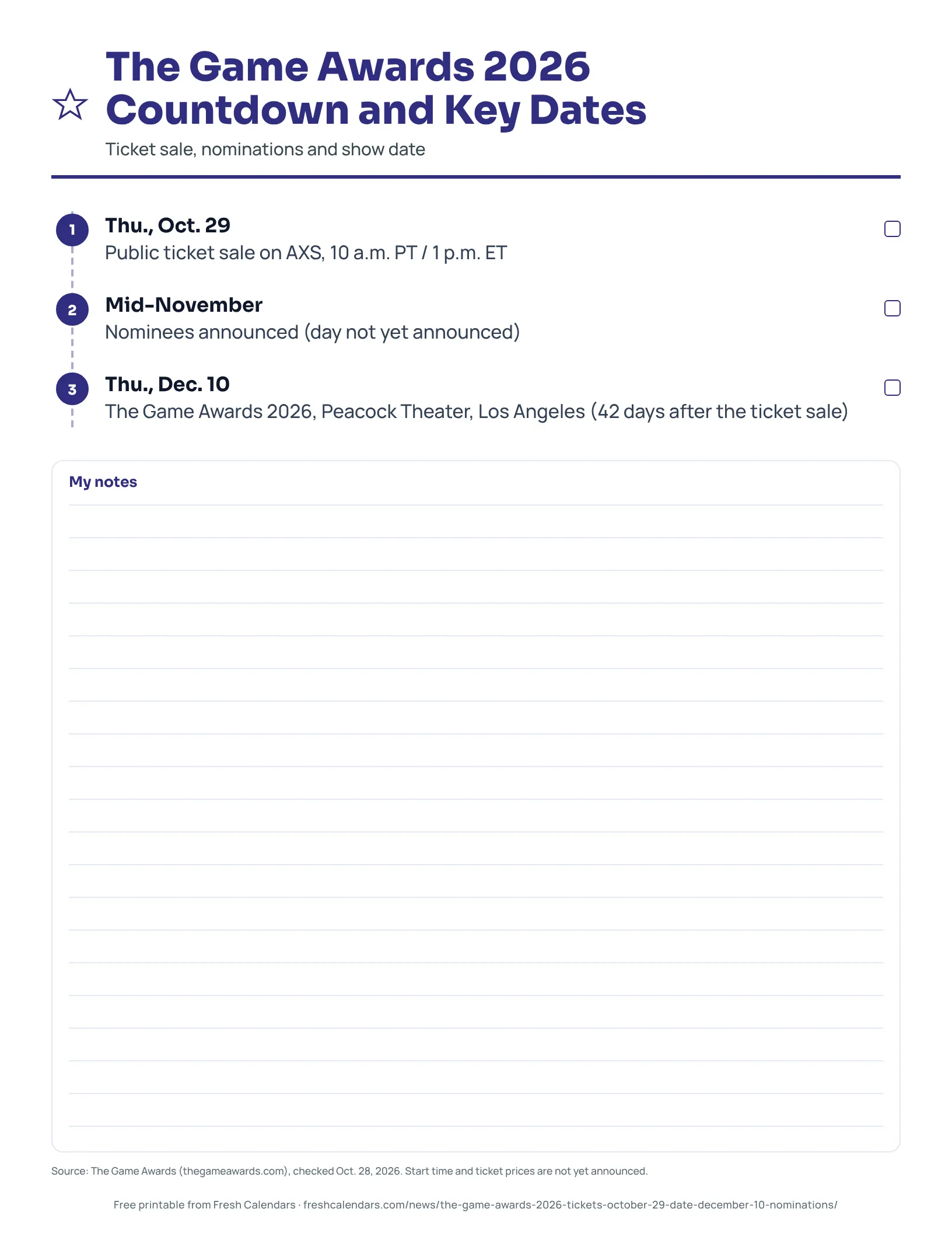 The Game Awards 2026 Countdown and Key Dates The Game Awards 2026 countdown listing the Oct. 29 ticket sale, mid-November nominations and the Dec. 10 show