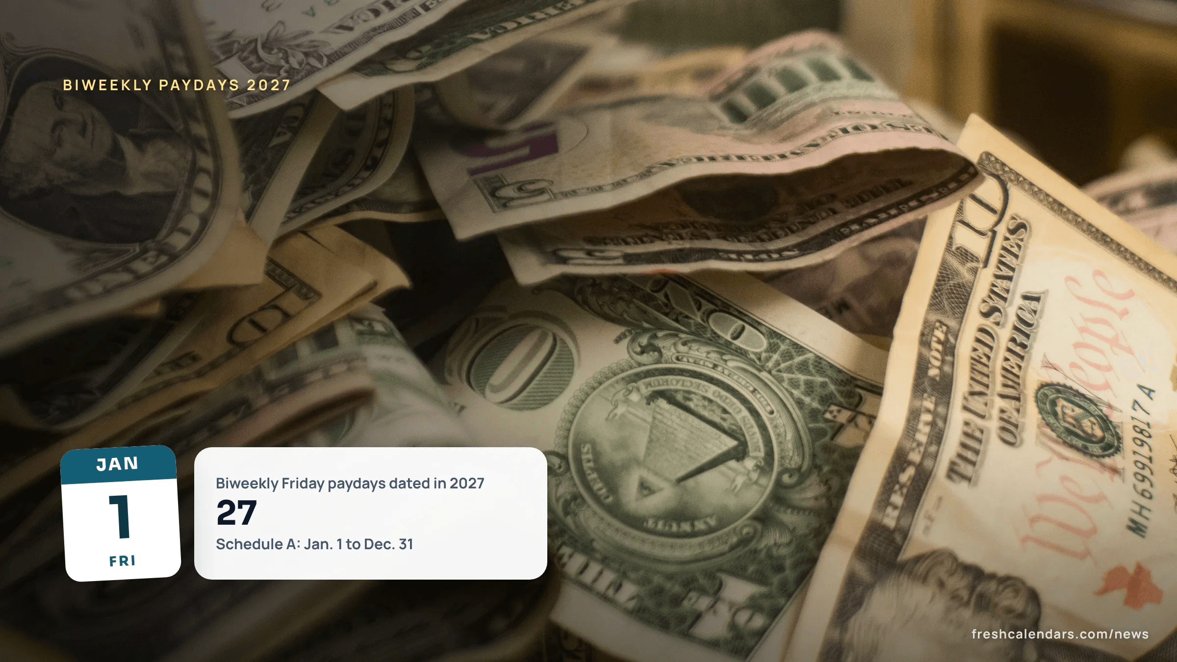 U.S. dollar bills piled in a donation box, for the 2027 three-paycheck months biweekly payday calendar