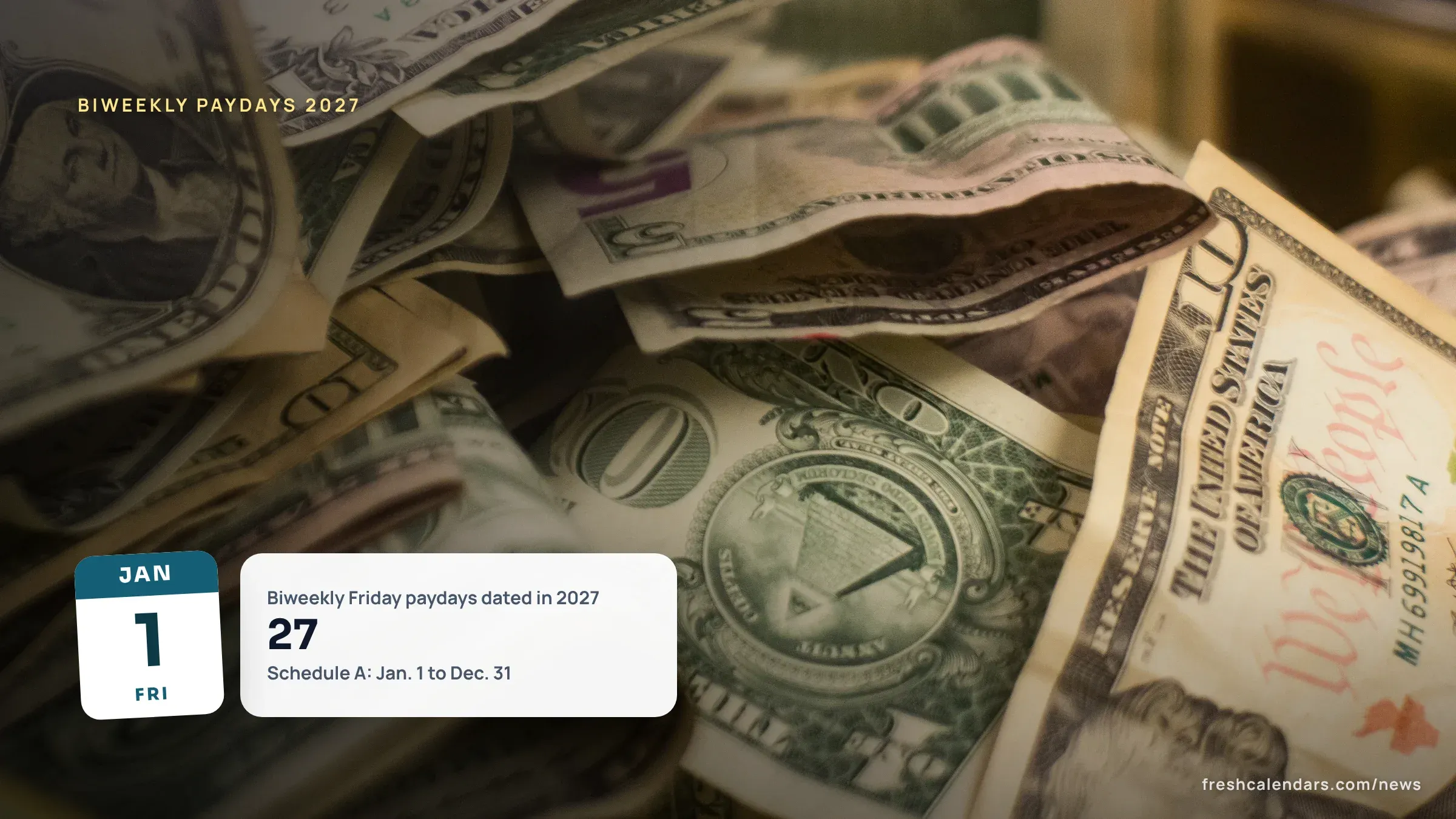 U.S. dollar bills piled in a donation box, for the 2027 three-paycheck months biweekly payday calendar