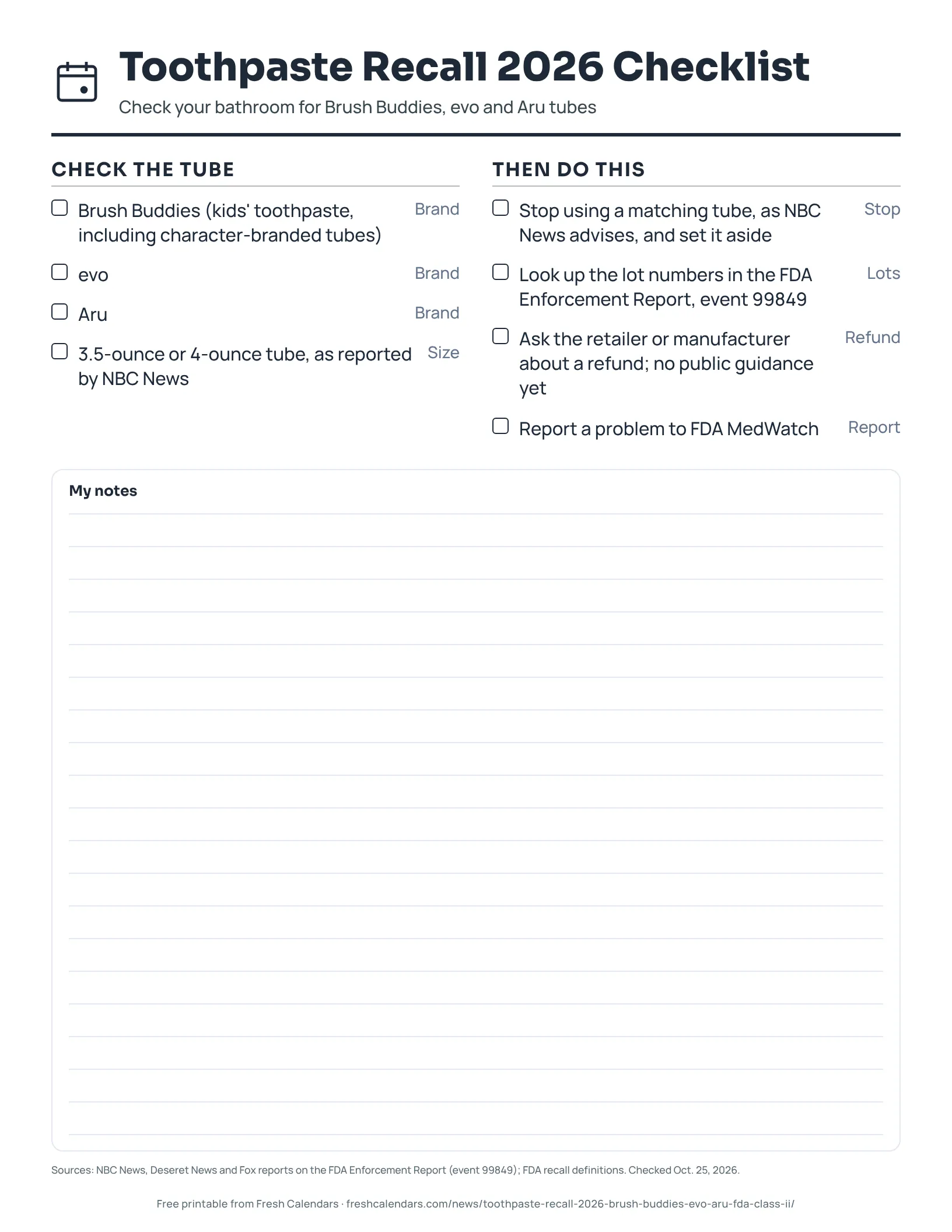 Toothpaste recall 2026 checklist printable for Brush Buddies, evo and Aru tubes with check, stop, refund and report steps, ink-saver version