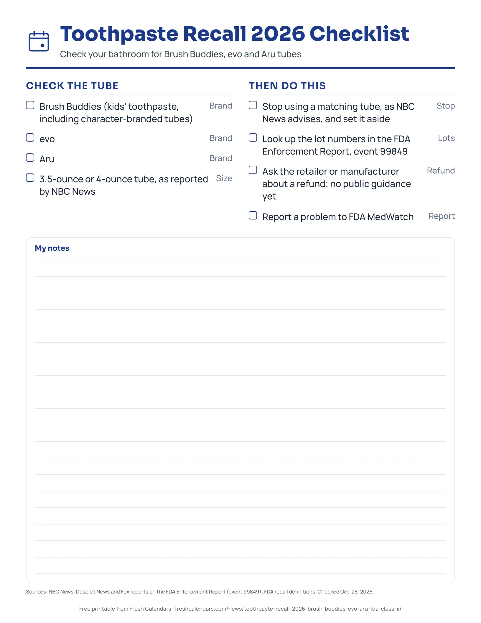 Toothpaste recall 2026 checklist printable for Brush Buddies, evo and Aru tubes with check, stop, refund and report steps