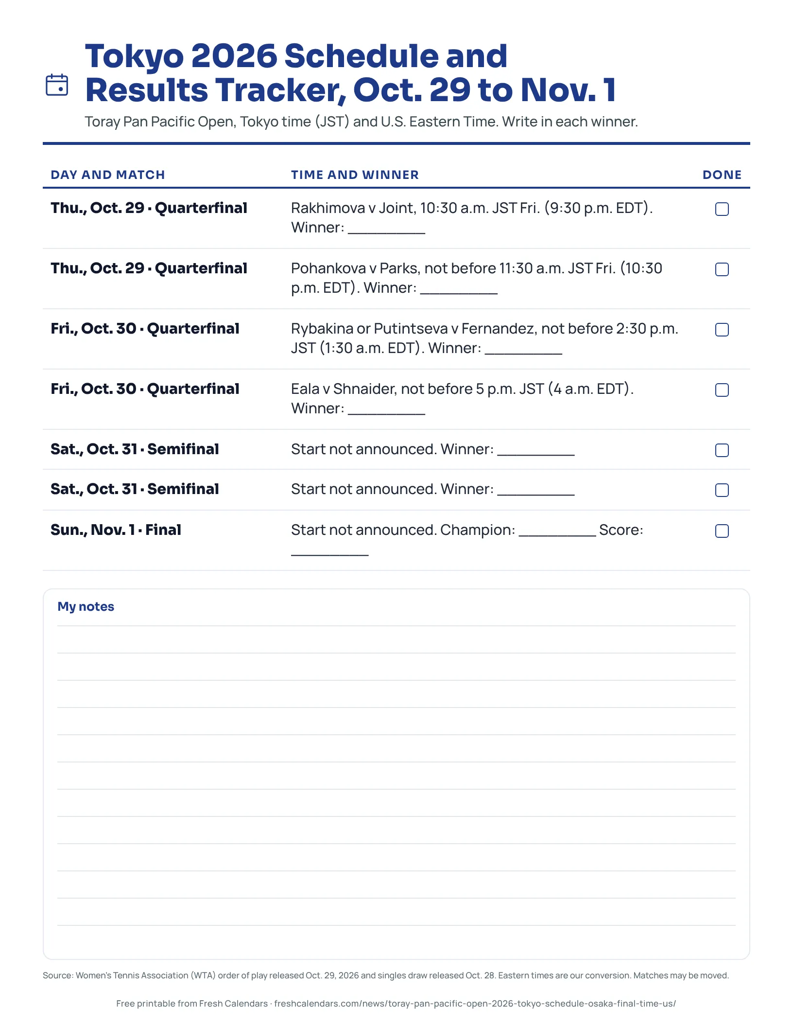 Tokyo 2026 Toray Pan Pacific Open schedule and results tracker with blank winner lines