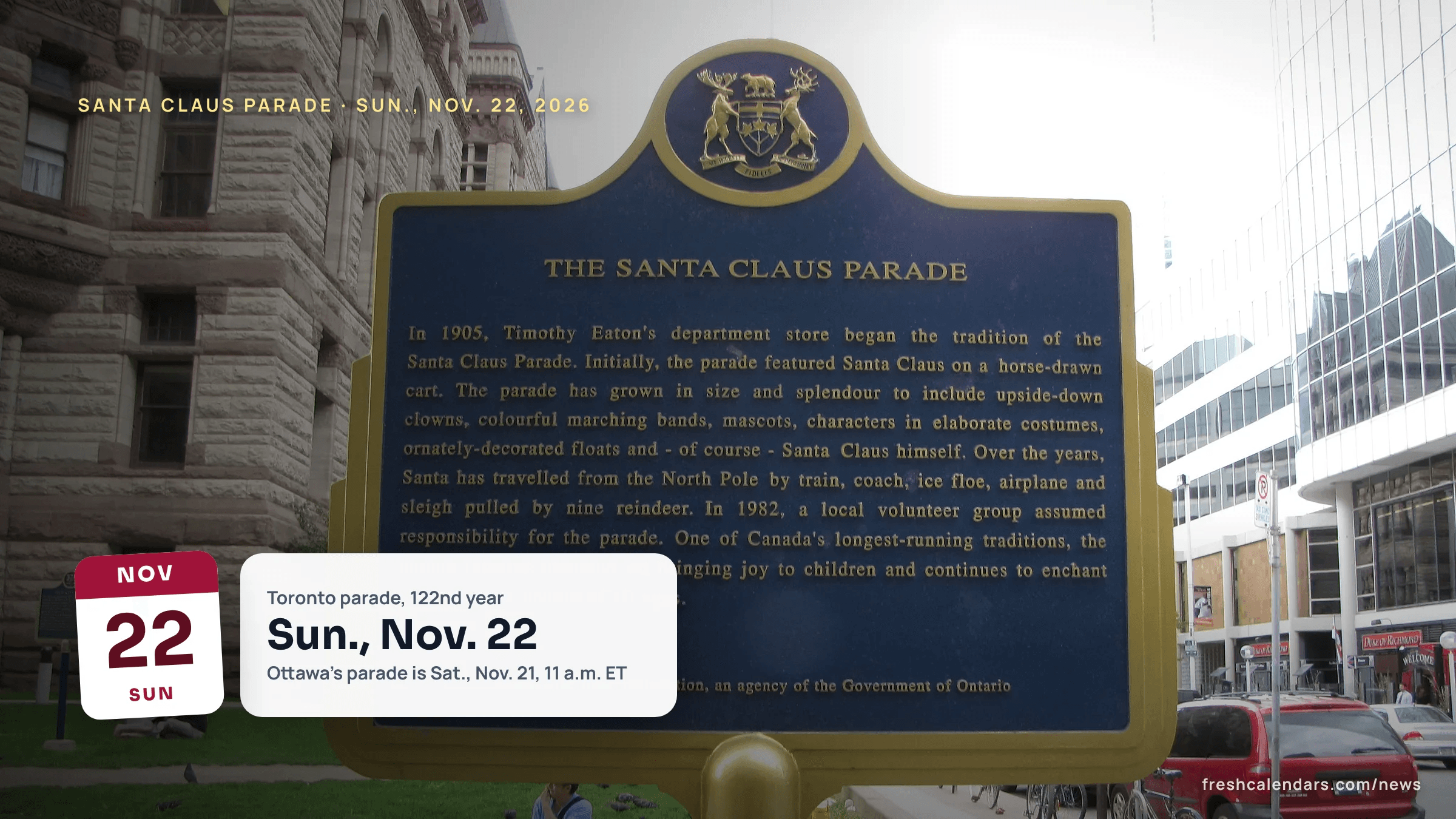 Toronto Santa Claus Parade 2026: the Ontario Heritage Trust plaque about The Santa Claus Parade on a Toronto street