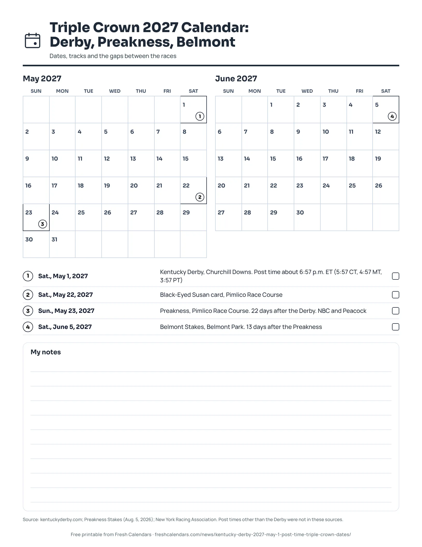 Printable Triple Crown 2027 calendar listing the Derby, Preakness and Belmont Stakes, ink-saver version