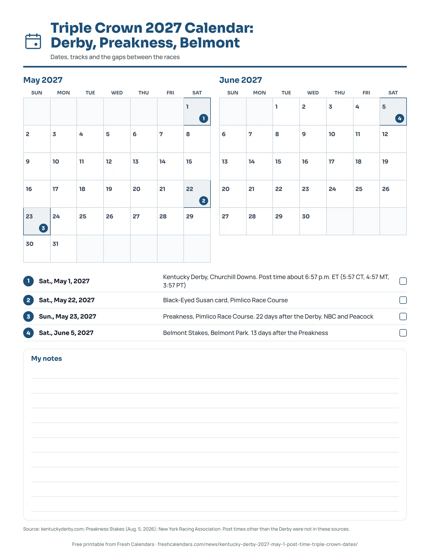 Printable Triple Crown 2027 calendar listing the Derby, Preakness and Belmont Stakes