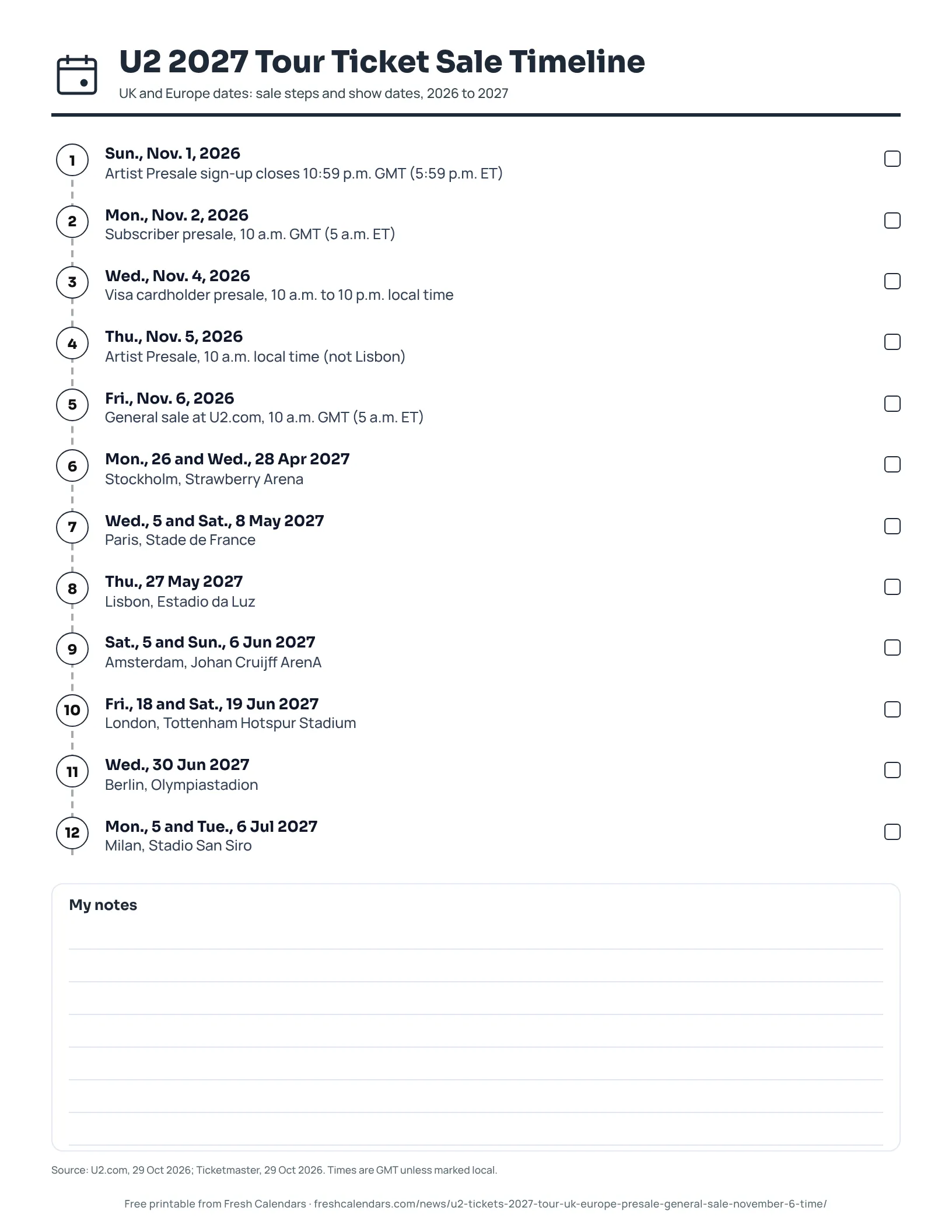 U2 2027 Tour Ticket Sale Timeline (ink saver) Printable U2 2027 tour ticket sale timeline with five sale steps and seven show cities, ink-saver version