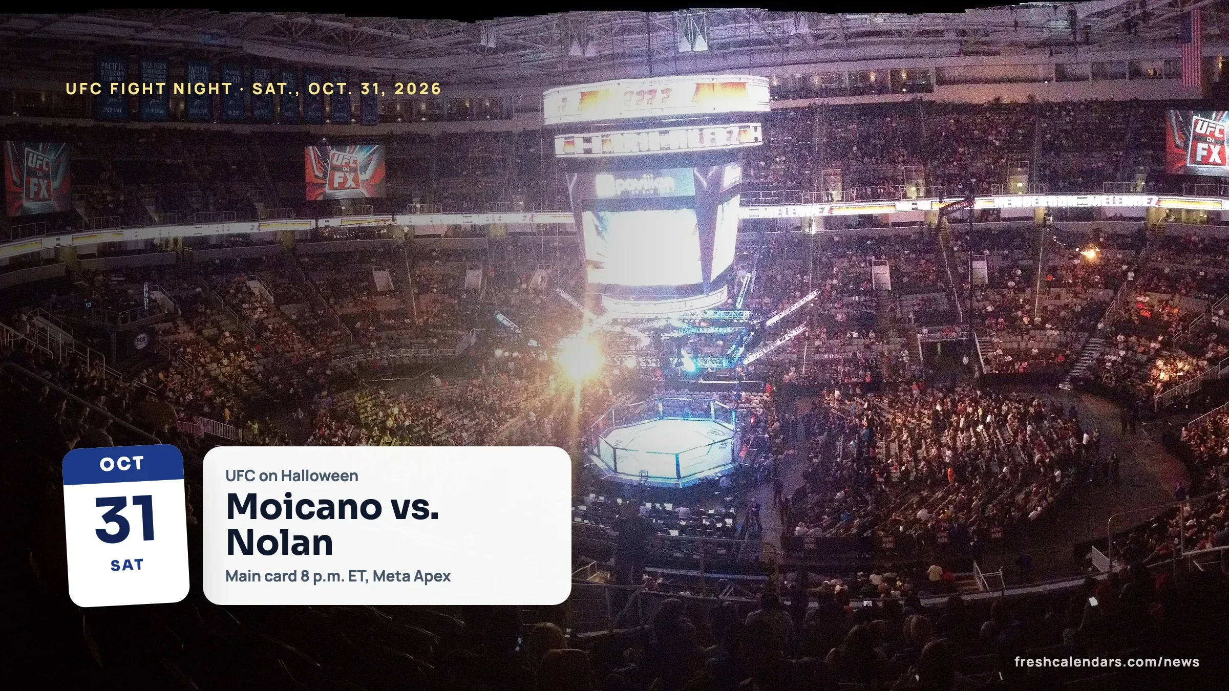 UFC this weekend: a packed arena around a lit octagon during a past UFC event
