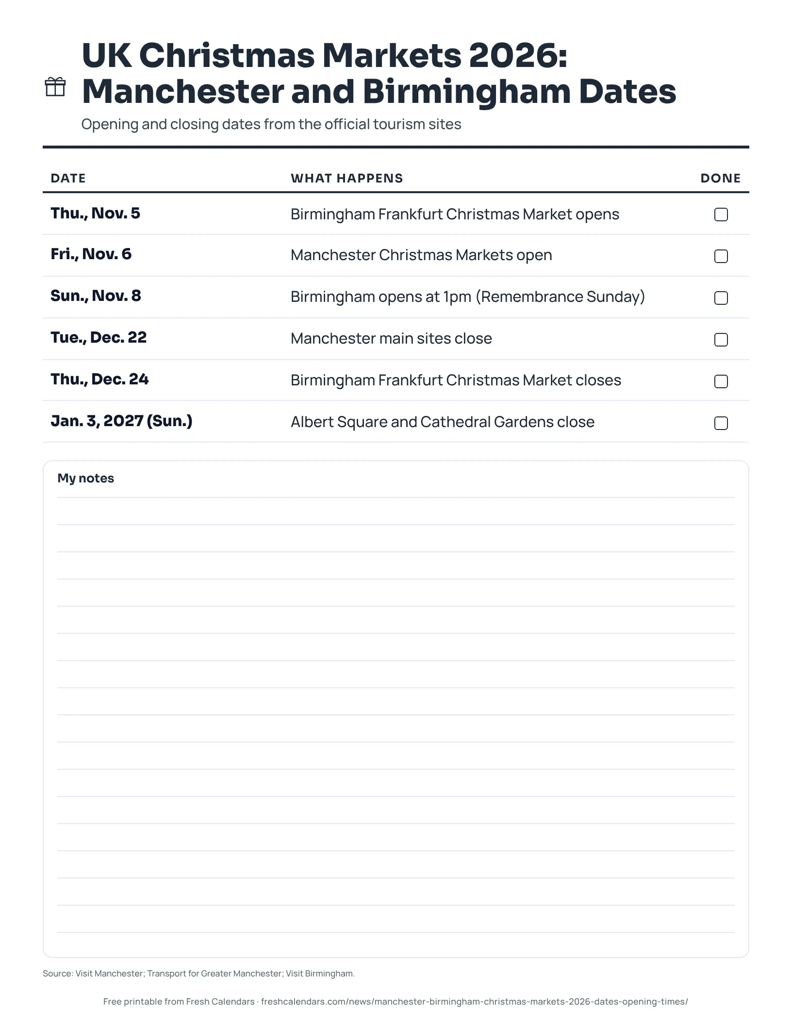 Printable list of Manchester and Birmingham Christmas market 2026 opening and closing dates, ink-saver version