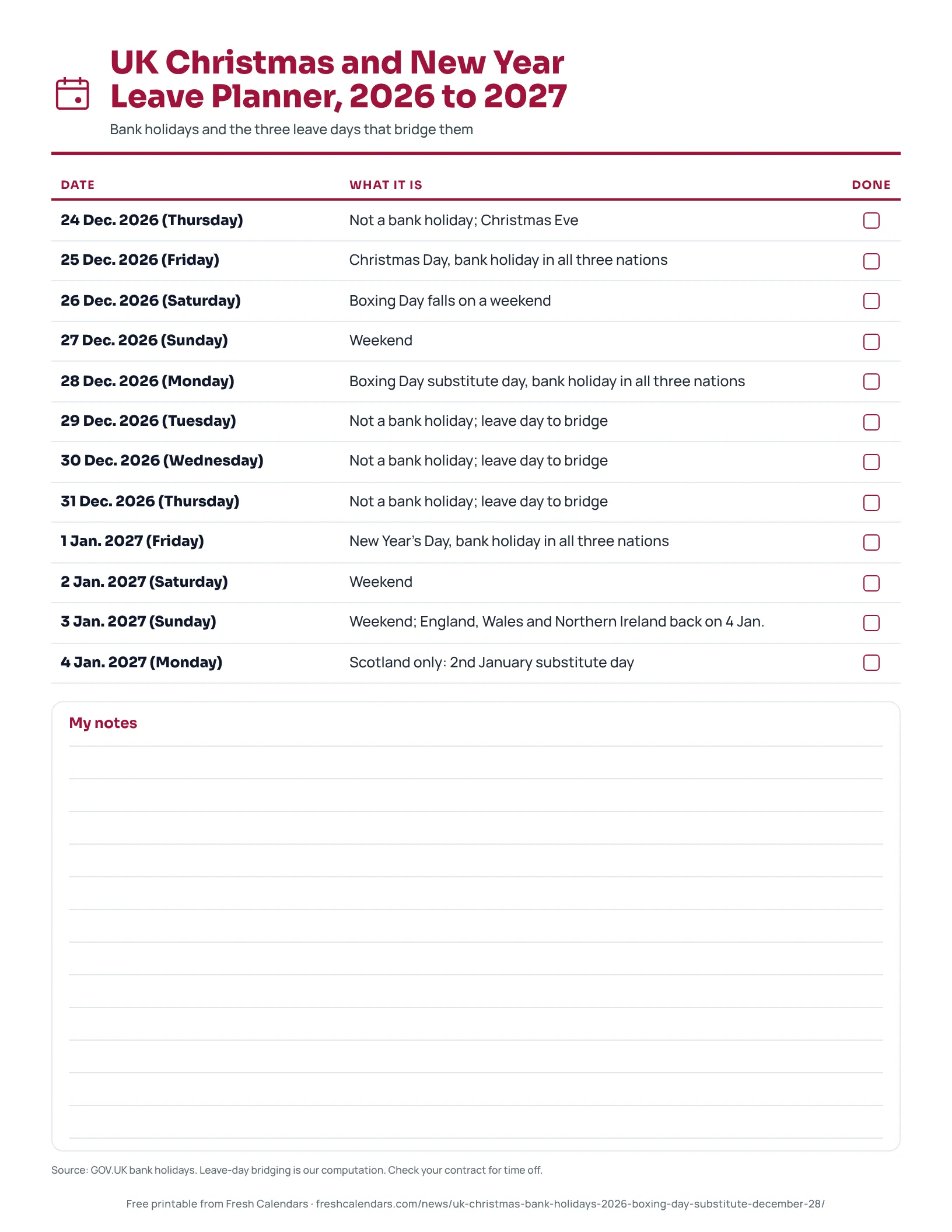 Printable planner of UK bank holidays from Dec. 24, 2026, to Jan. 4, 2027, with leave days marked.