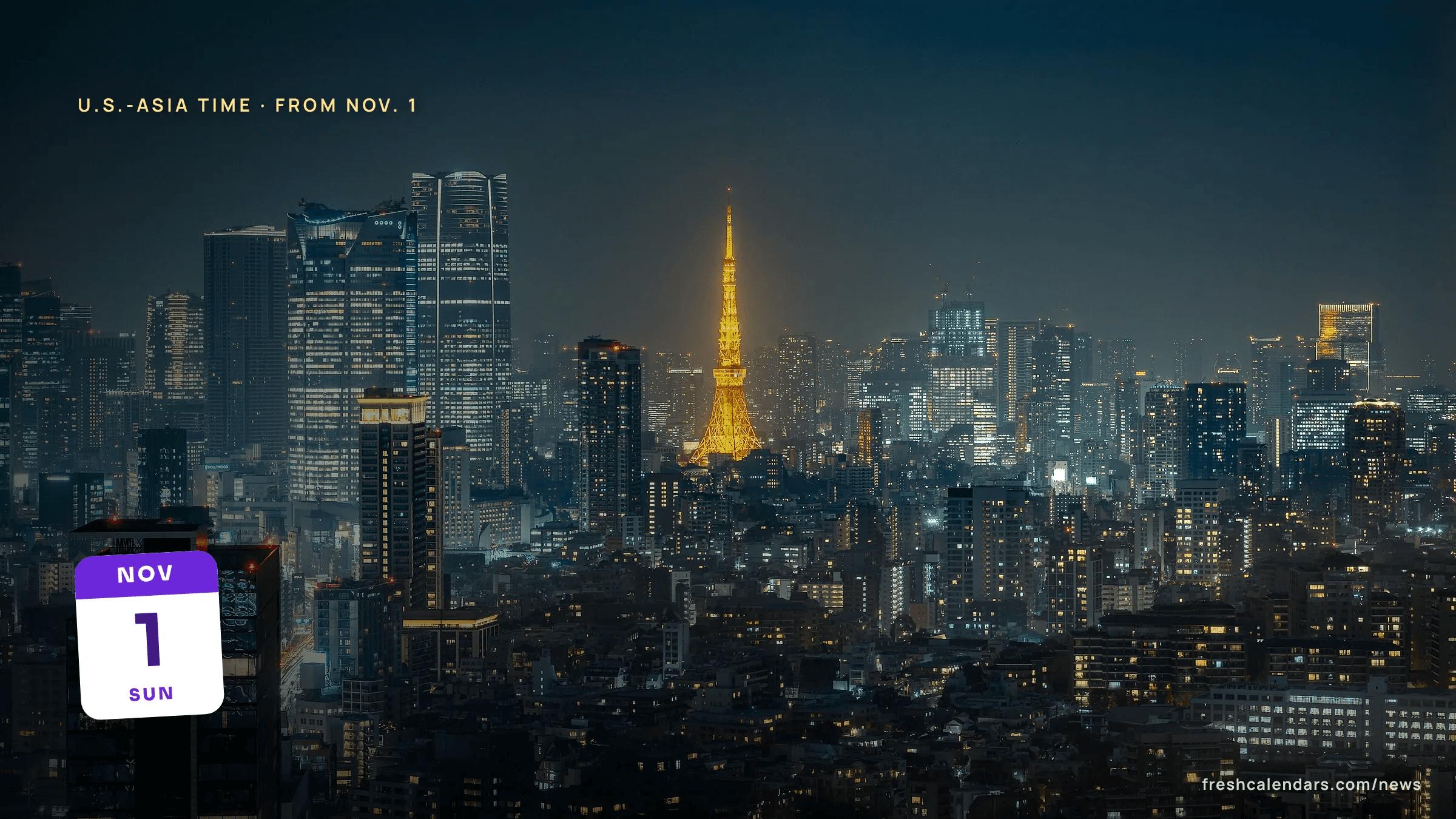 Time difference between the US and Japan: Tokyo Tower among Minato City skyscrapers at night