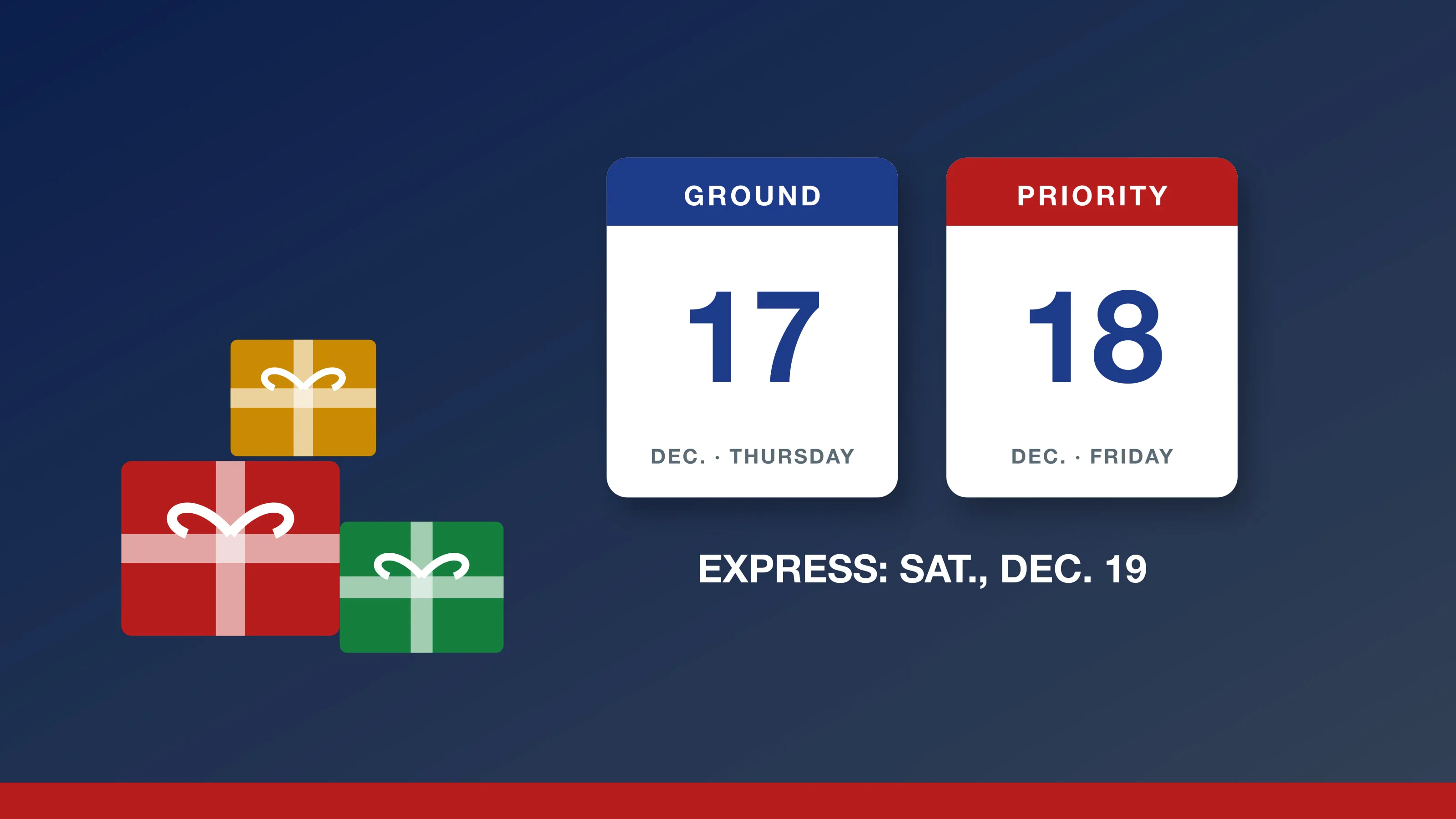 USPS Holiday Shipping Deadlines 2026: Dec. 17 for Ground Advantage, Dec. 18 for Priority, Dec. 19 for Express USPS holiday shipping deadlines 2026: wrapped gift boxes beside calendar cards for Ground Advantage Dec. 17 and Priority Mail Dec. 18