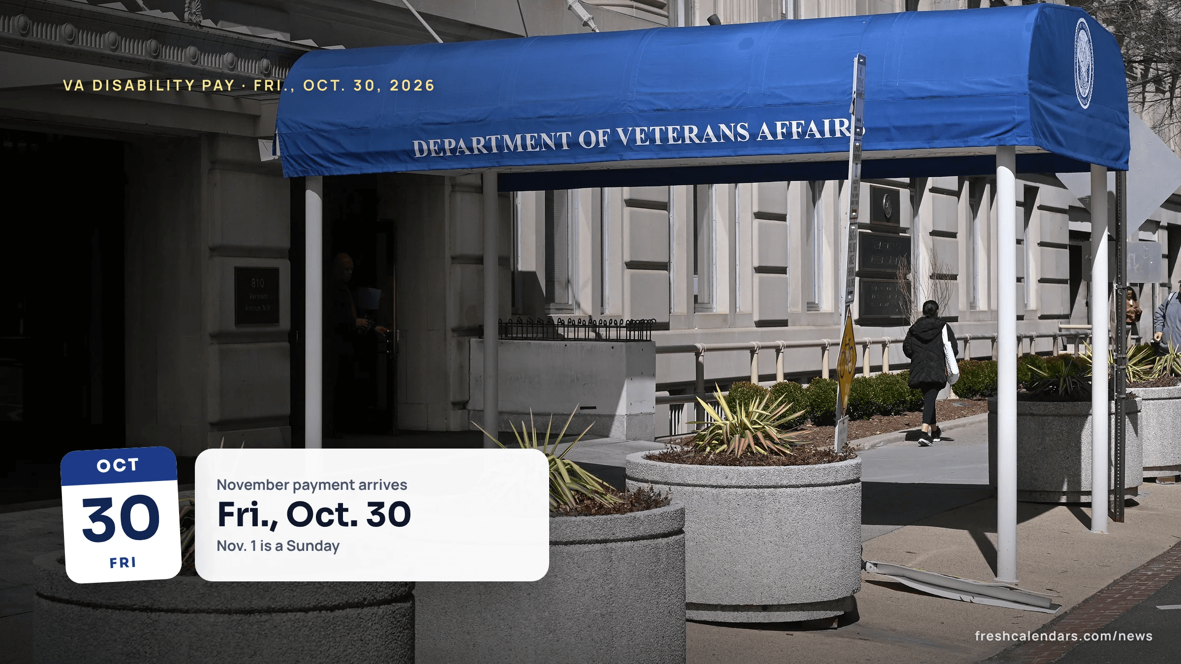 Entrance awning of the Department of Veterans Affairs headquarters in Washington, for a story on VA disability payment dates 2026