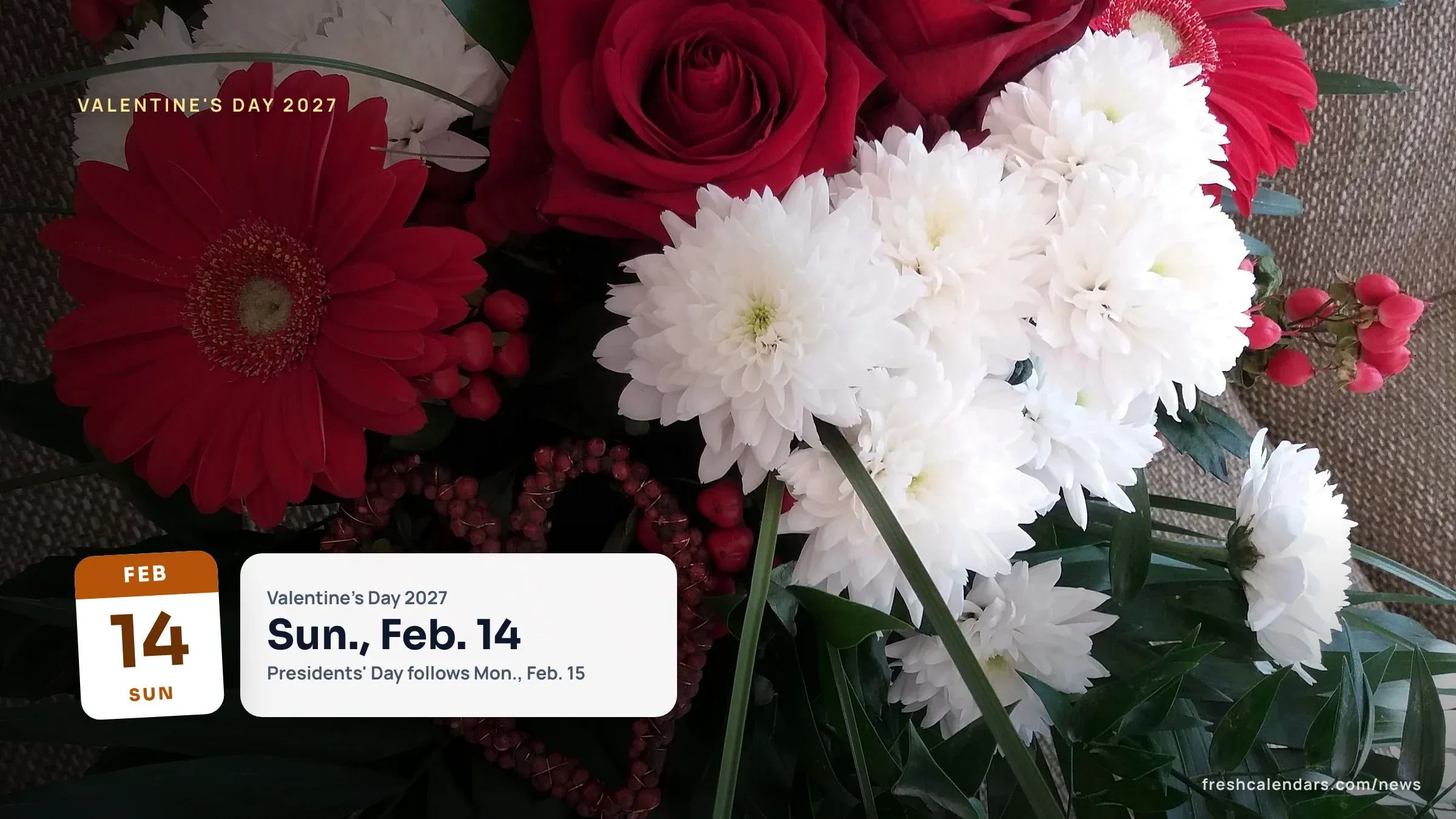 Red roses bouquet for Valentine's Day 2027, which falls on Sunday, Feb. 14