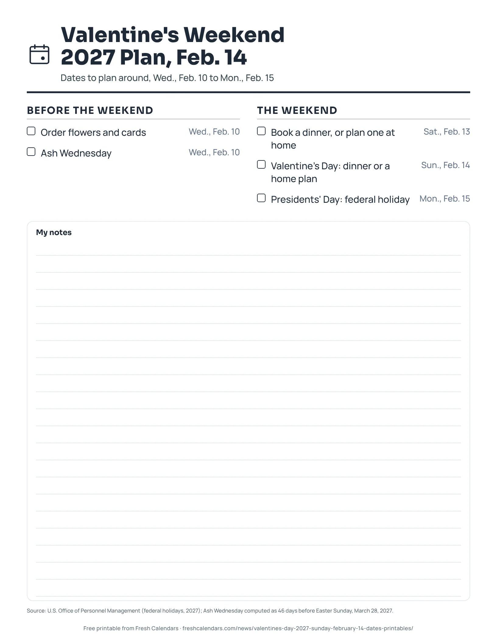 Printable checklist of Valentine's weekend 2027 dates from Feb. 10 to Feb. 15, ink-saver version