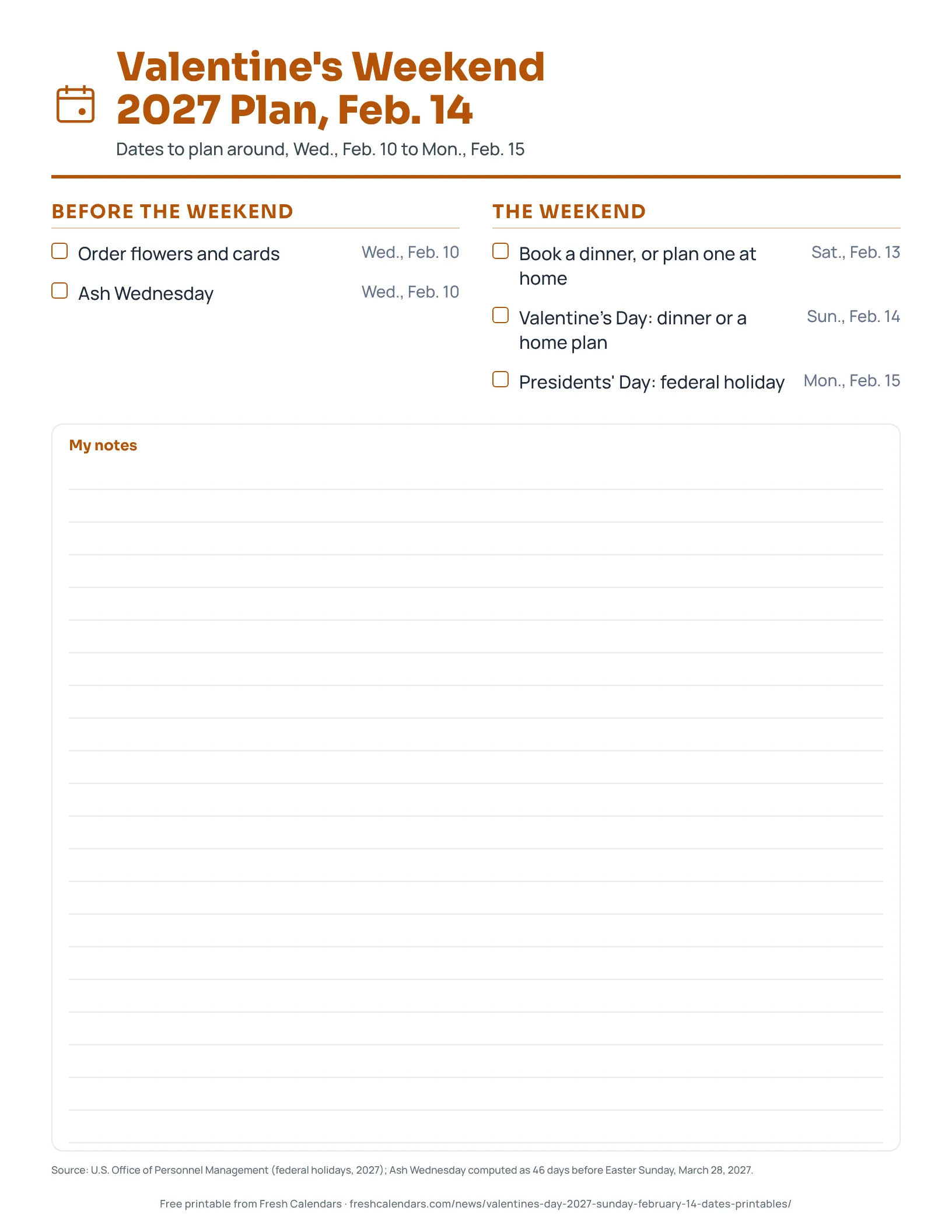 Printable checklist of Valentine's weekend 2027 dates from Feb. 10 to Feb. 15