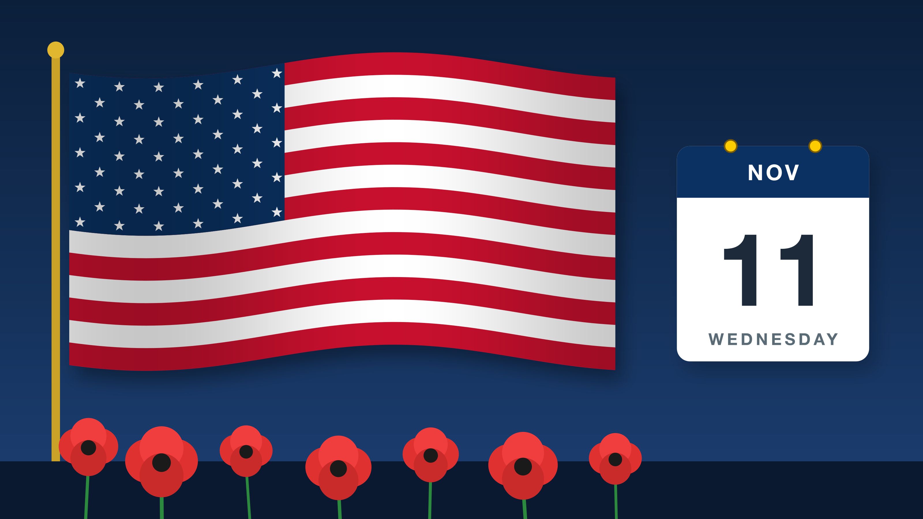 Illustration of a waving U.S. flag and red poppies next to a calendar page for Wednesday, Nov. 11