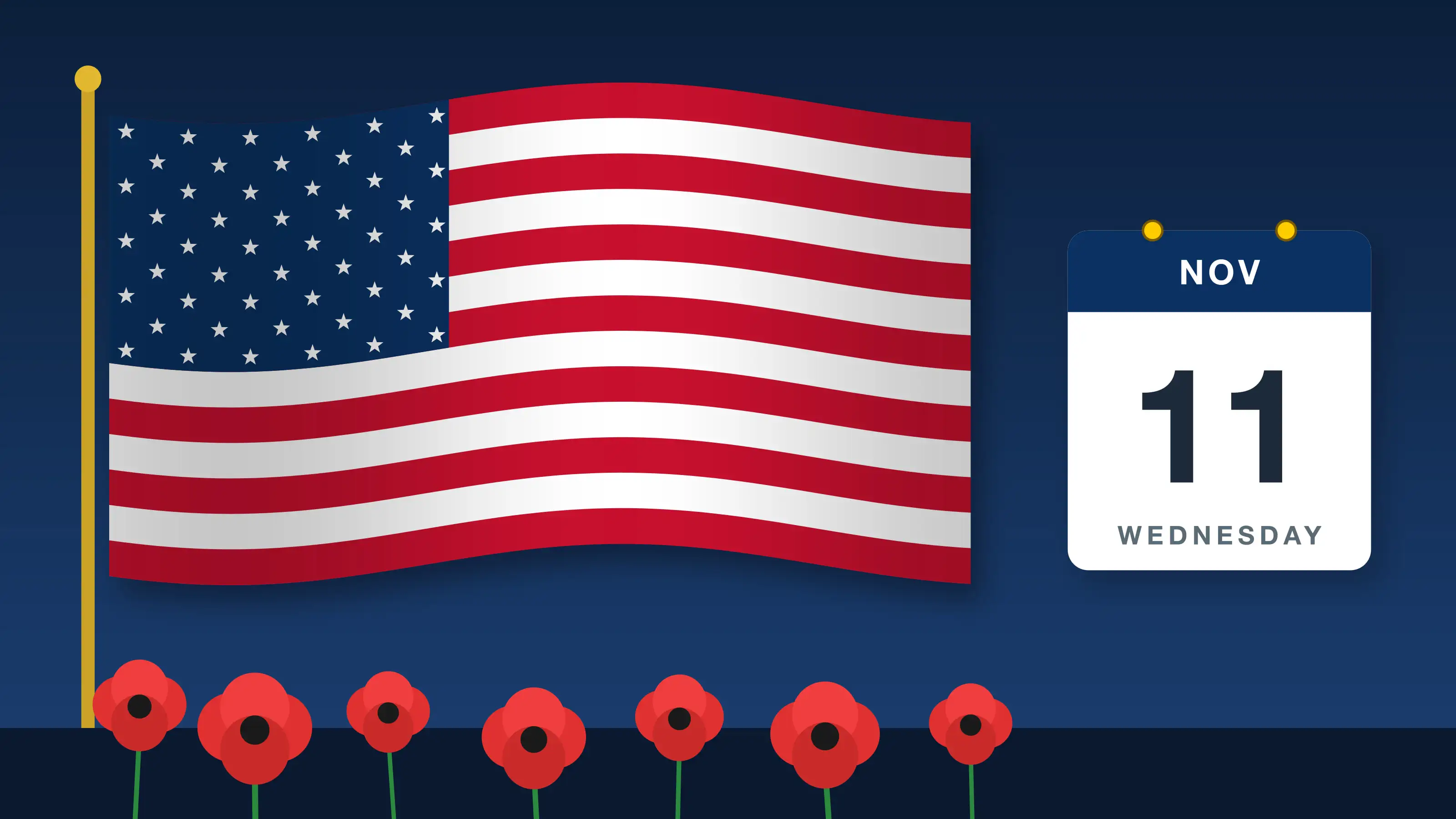 Veterans Day 2026 on Wednesday, Nov. 11: a waving U.S. flag and red remembrance poppies beside a Nov. 11 calendar page