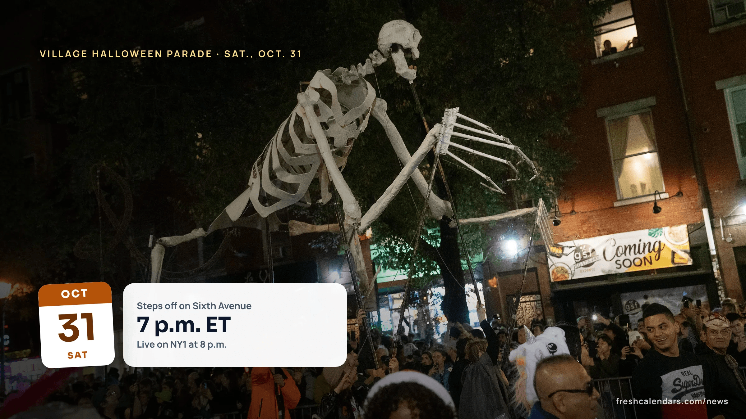 Village Halloween Parade 2026: a giant skeleton puppet carried up Sixth Avenue in Greenwich Village at night during the 2019 parade