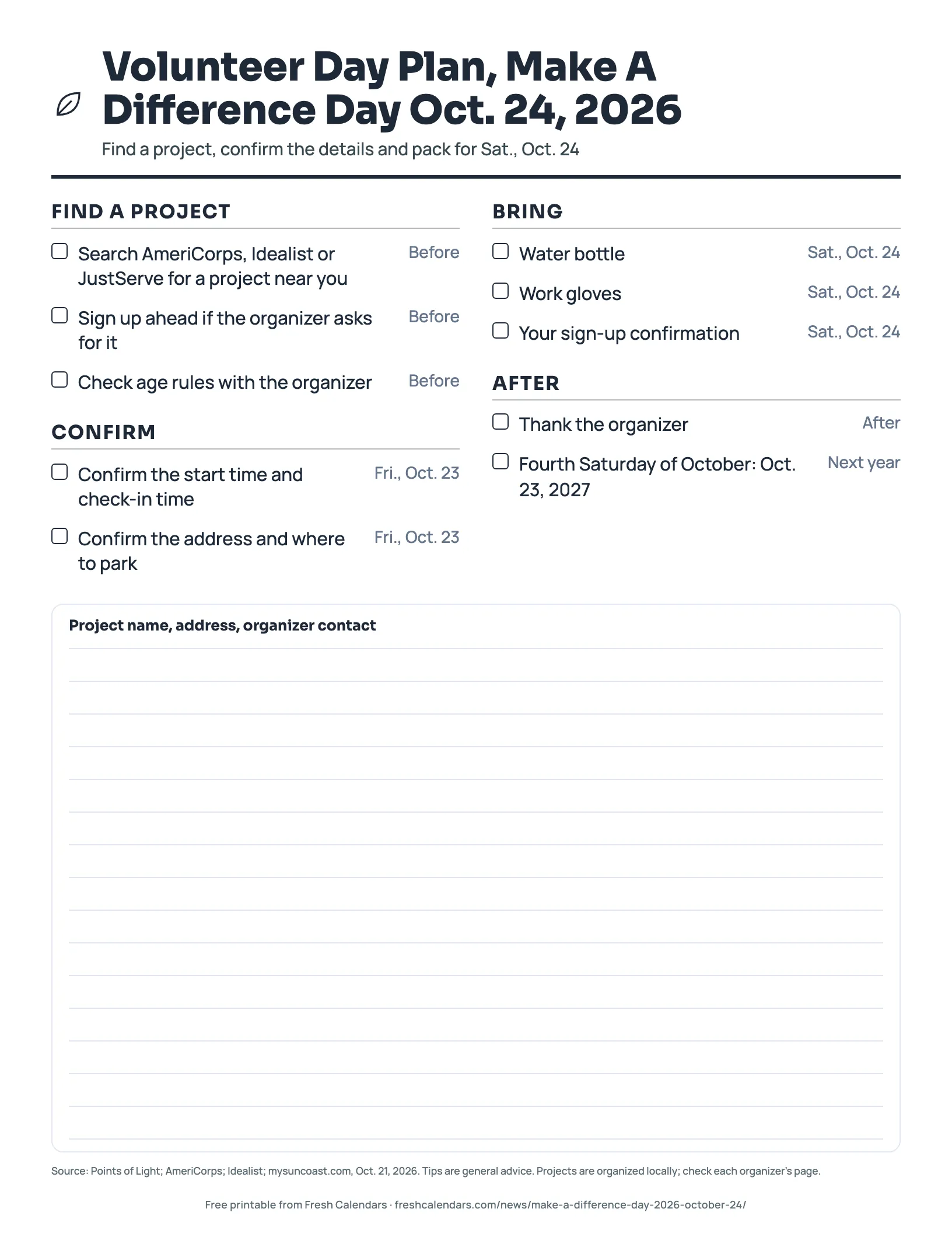 Printable volunteer day plan for Make A Difference Day Oct. 24, 2026 with find, confirm, bring and after checklists, ink-saver version