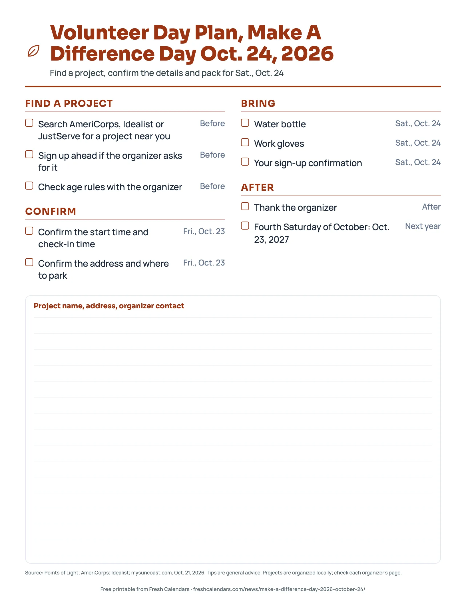 Printable volunteer day plan for Make A Difference Day Oct. 24, 2026 with find, confirm, bring and after checklists