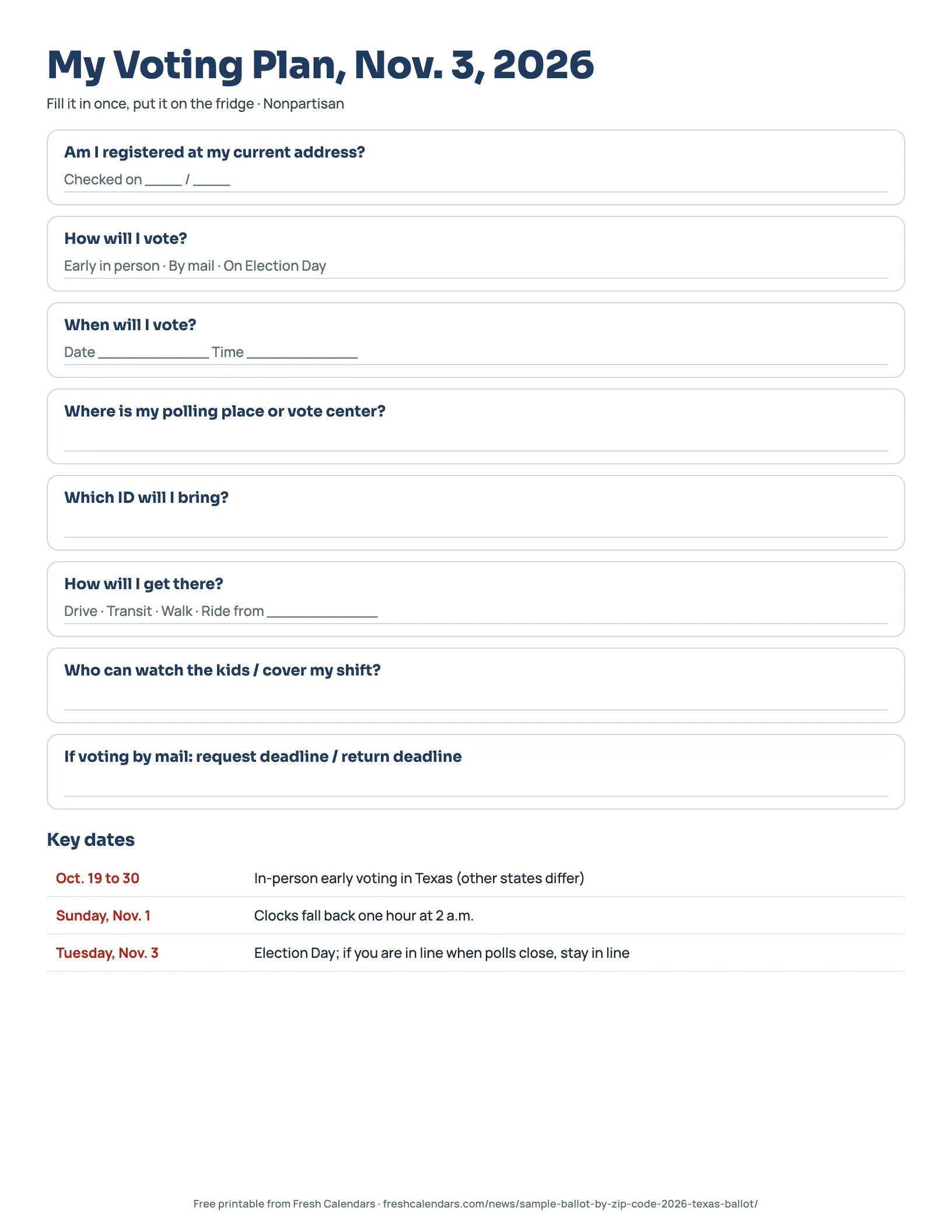 My Voting Plan, Nov. 3, 2026 Voting plan 2026 printable with questions about registration, voting method, polling place, ID and transportation