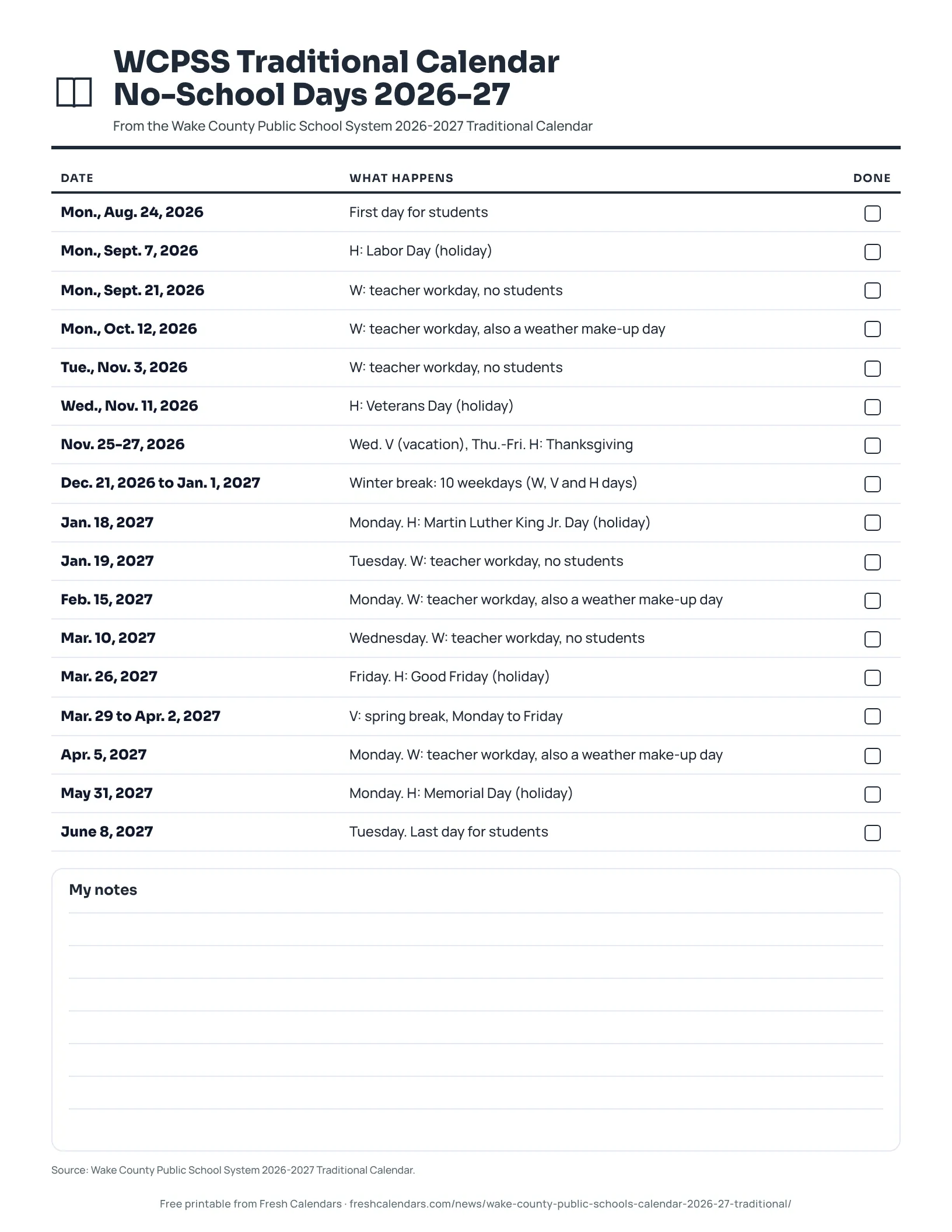 WCPSS Traditional Calendar No-School Days 2026-27 (ink saver) WCPSS 2026-27 traditional calendar printable list of no-school days, ink-saver version