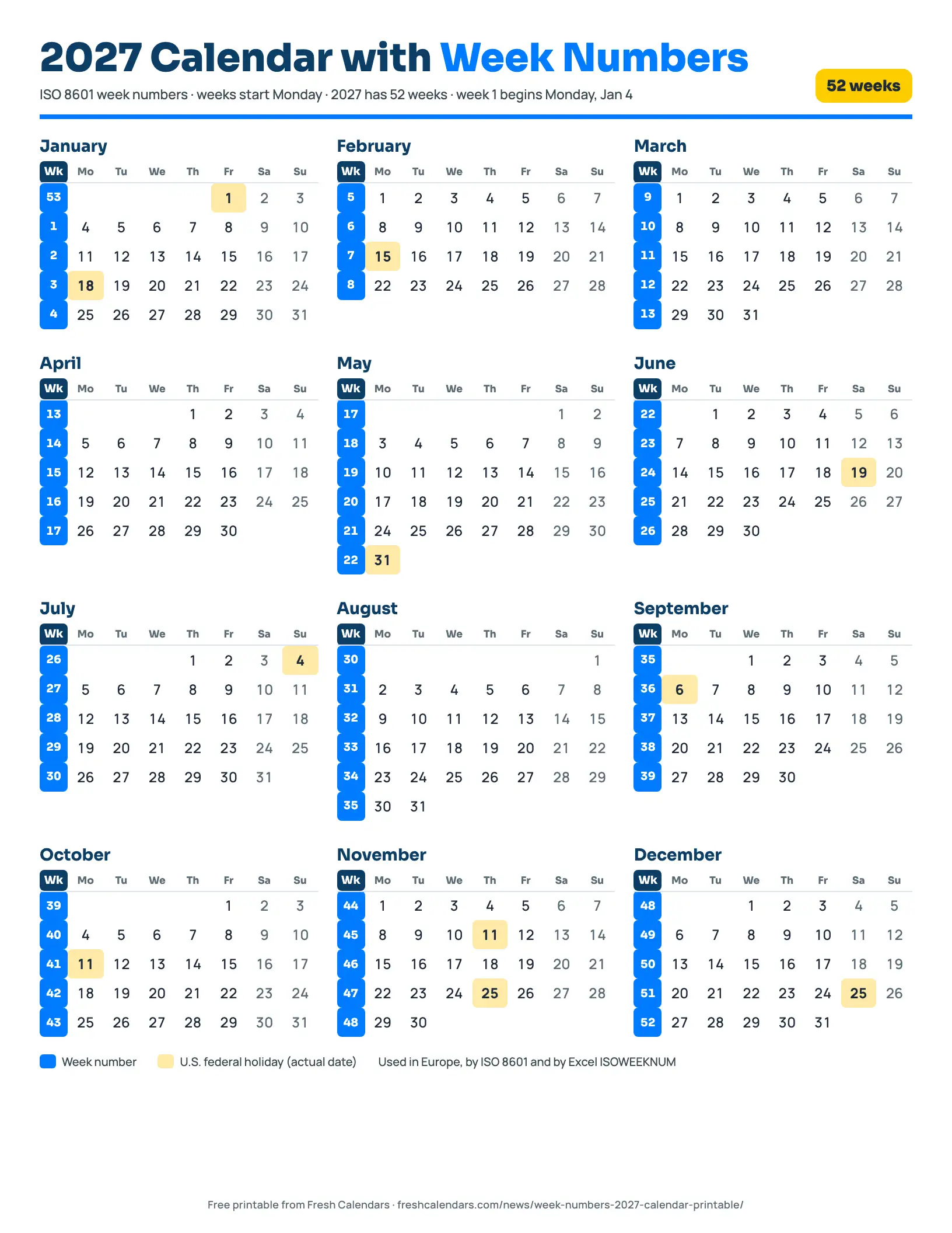 2027 calendar with week numbers printable: ISO 8601 weeks 1 to 52 beside each Monday-start week, federal holidays shaded