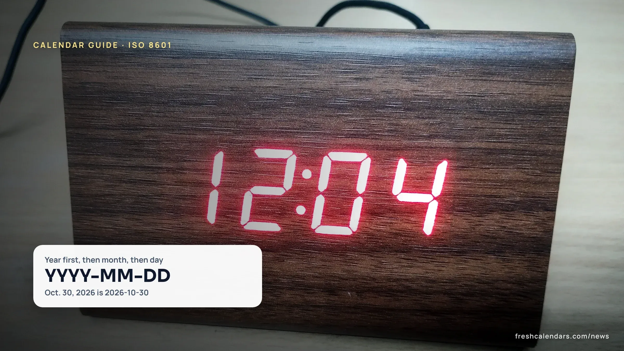 A red LED digital clock showing 12:04, a numeric display like the ones that follow the ISO 8601 date and time format