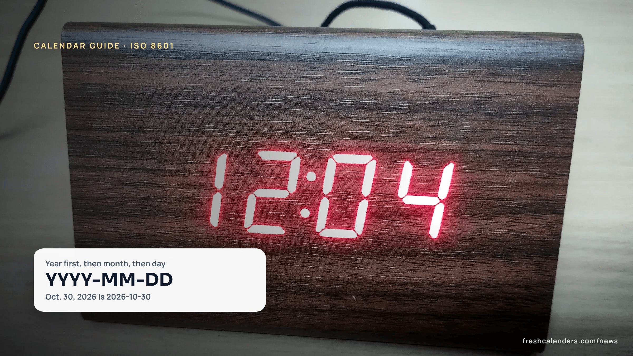 A red LED digital clock showing 12:04, a numeric display like the ones that follow the ISO 8601 date and time format