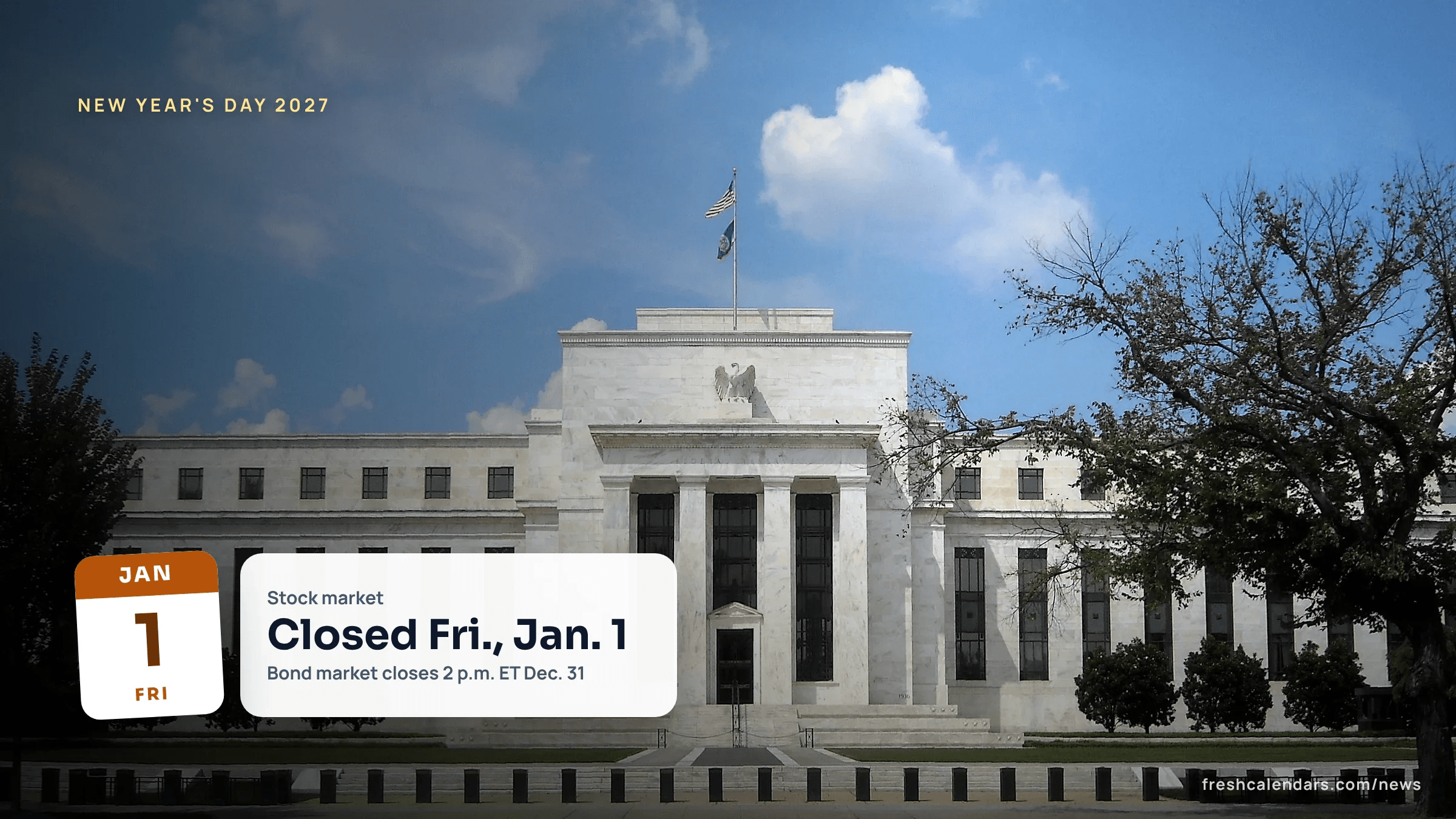 Federal Reserve Board's Eccles Building in Washington, closed Friday, Jan. 1, 2027, in a guide to what is open on New Year's Day 2027