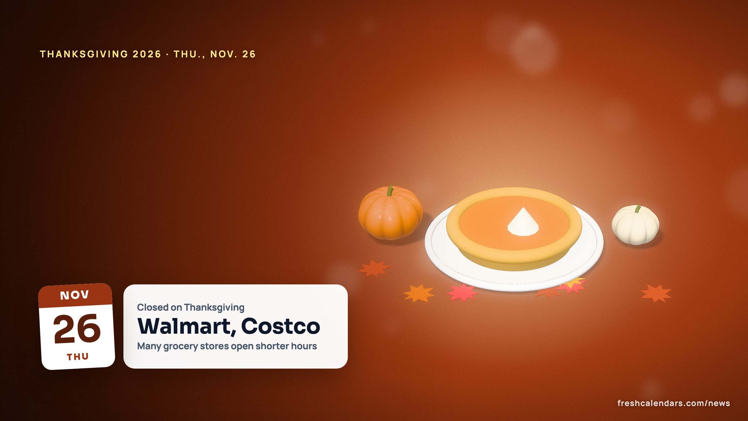 What's open on Thanksgiving 2026: a Thanksgiving scene with a Nov. 26 date tile and a card reading Walmart and Costco closed, grocery stores open