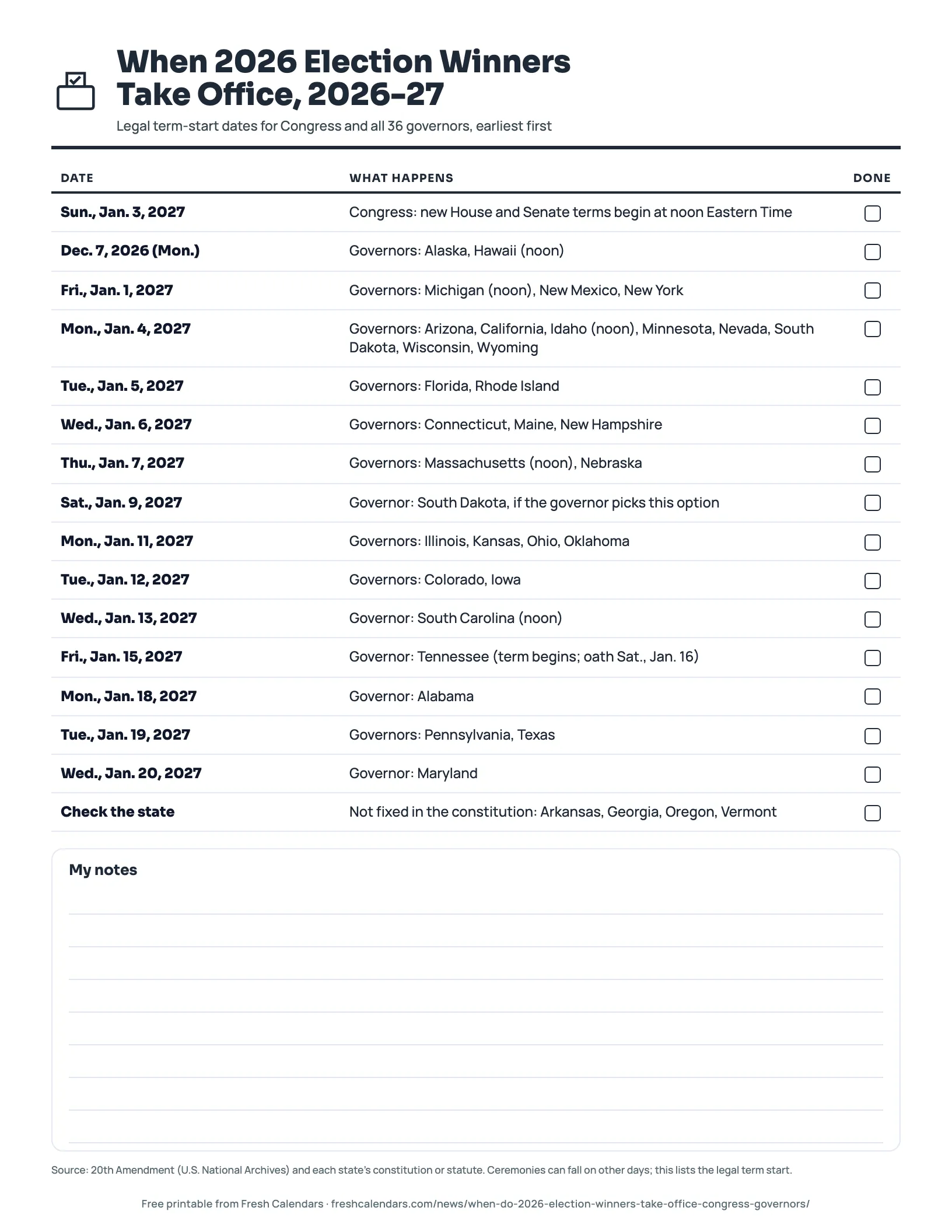 Printable list of when 2026 election winners take office in 2027, with Congress and all 36 governors by date, ink-saver version