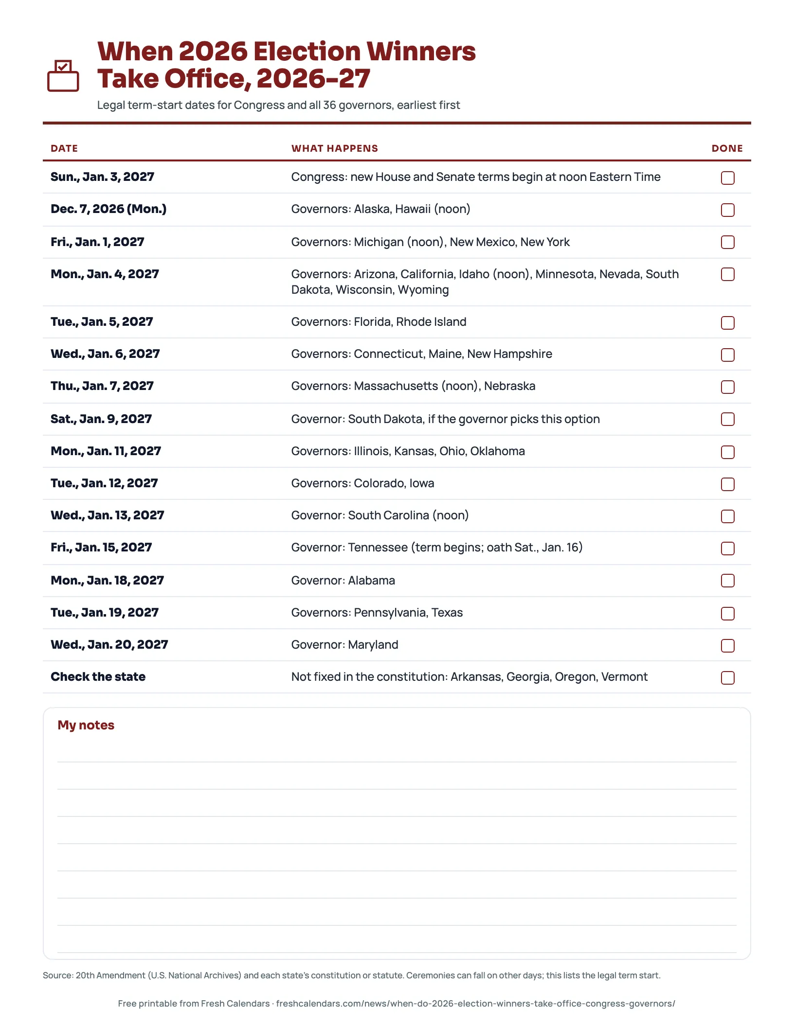 Printable list of when 2026 election winners take office in 2027, with Congress and all 36 governors by date
