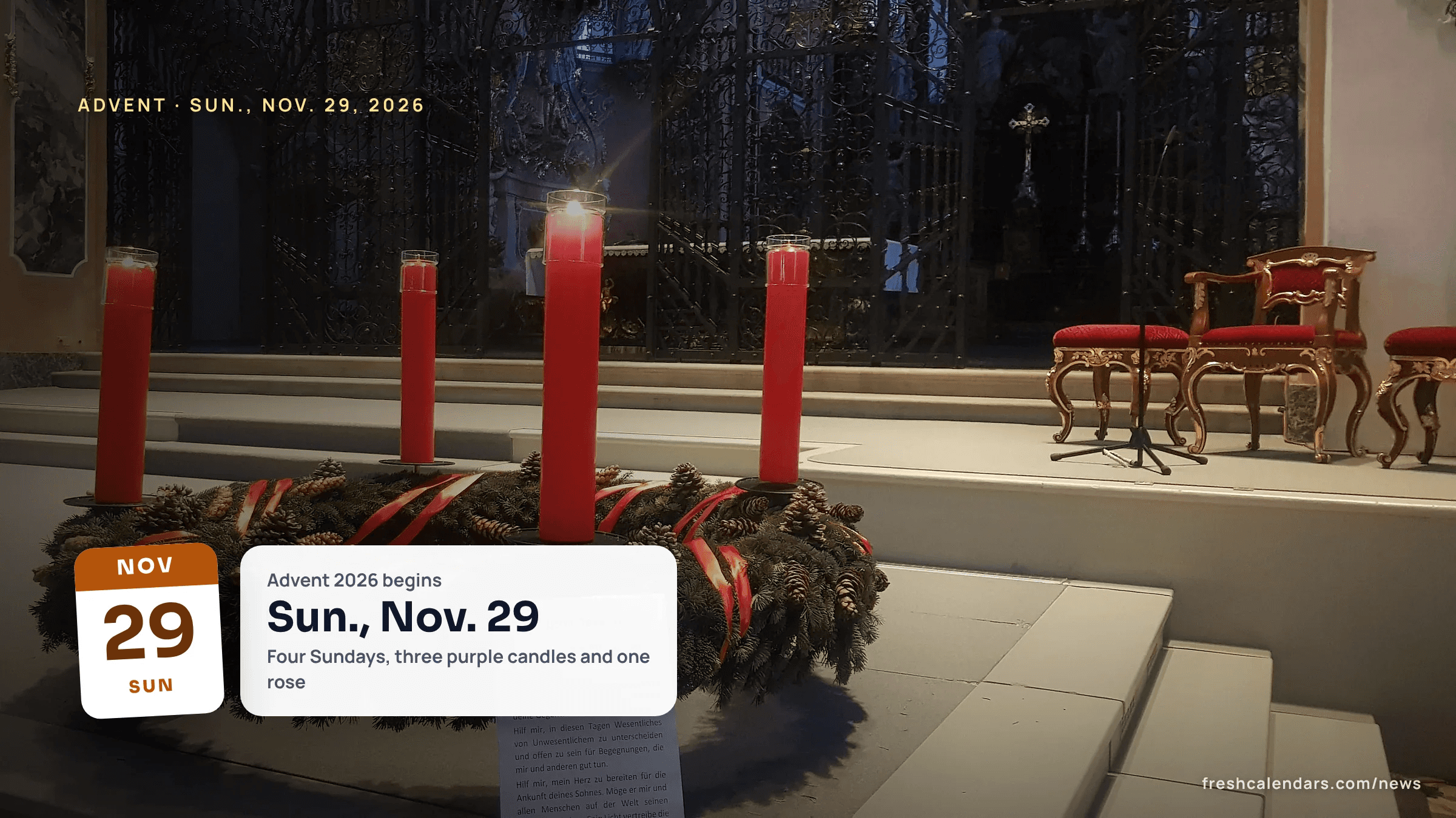 When does Advent start 2026: an evergreen Advent wreath with four tall candles in front of a church altar