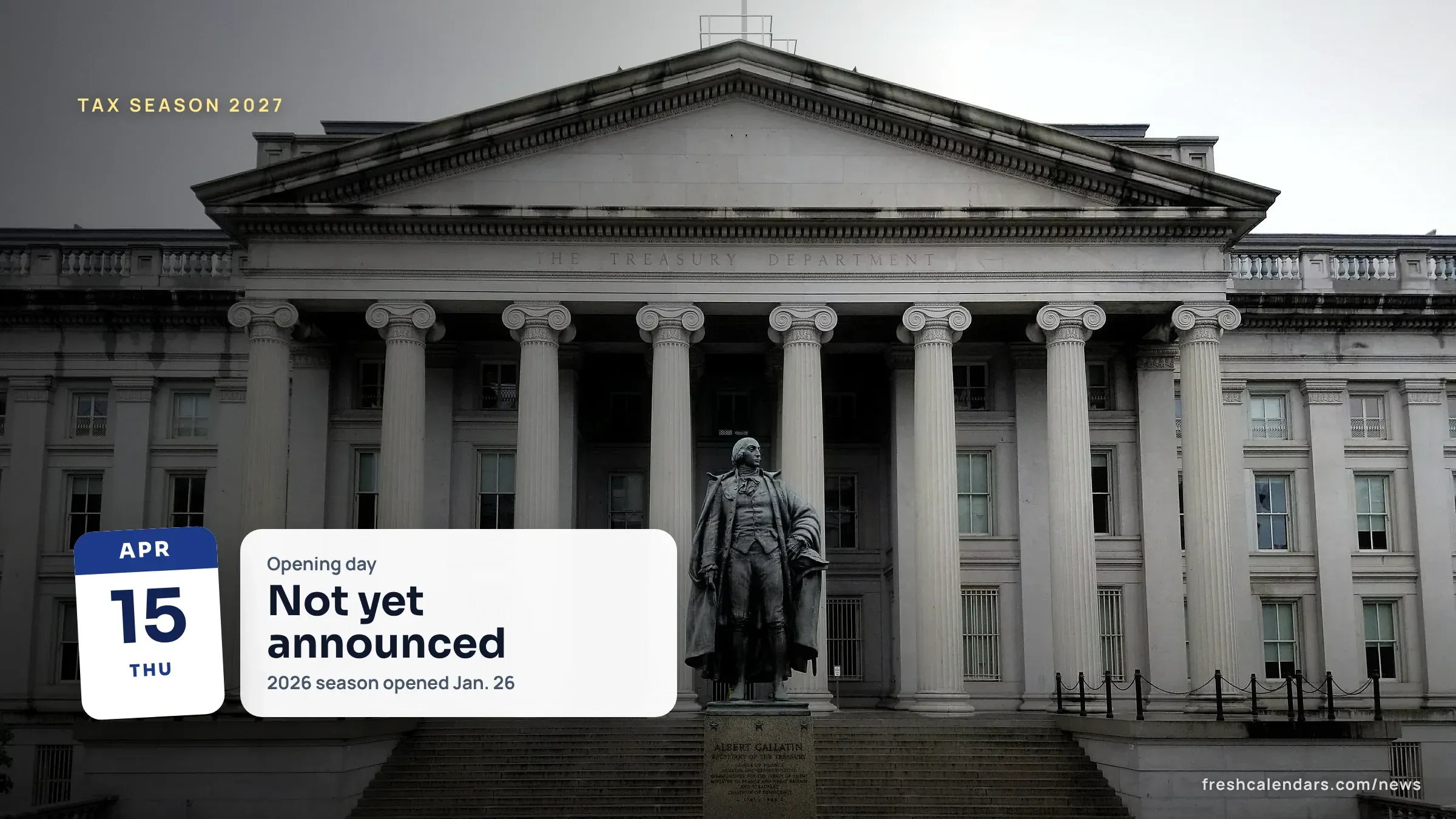 When Does Tax Season Start in 2027? What the IRS Has Said About Opening Day U.S. Treasury Building and the Albert Gallatin statue in Washington, a file photo for when tax season starts in 2027