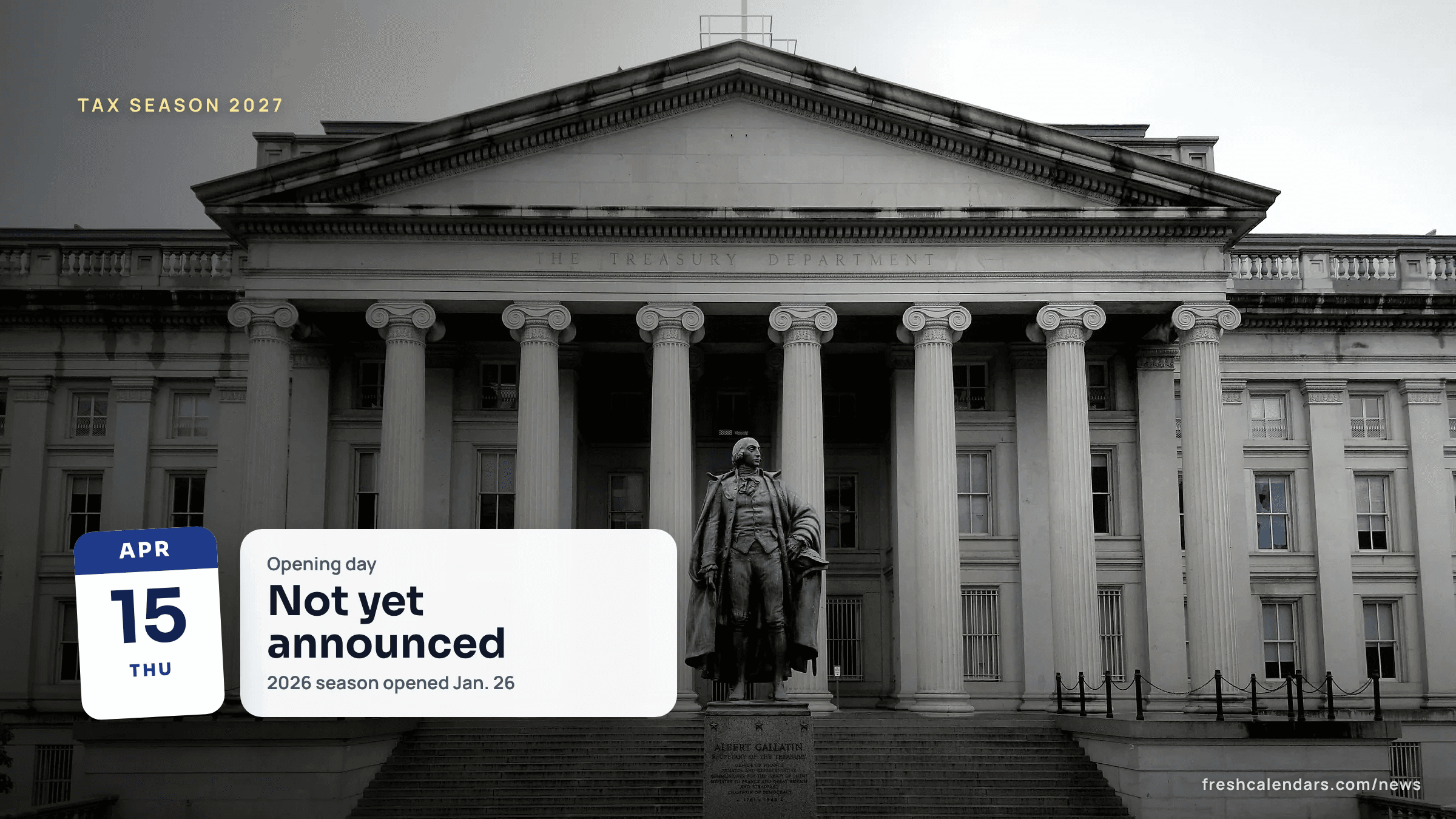 U.S. Treasury Building and the Albert Gallatin statue in Washington, a file photo for when tax season starts in 2027
