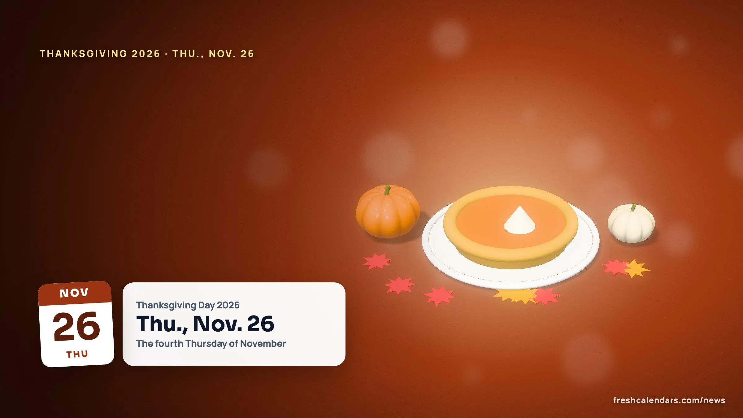 Thanksgiving 2026 on Thursday, Nov. 26, circled as the fourth Thursday on a November 2026 calendar with autumn leaves