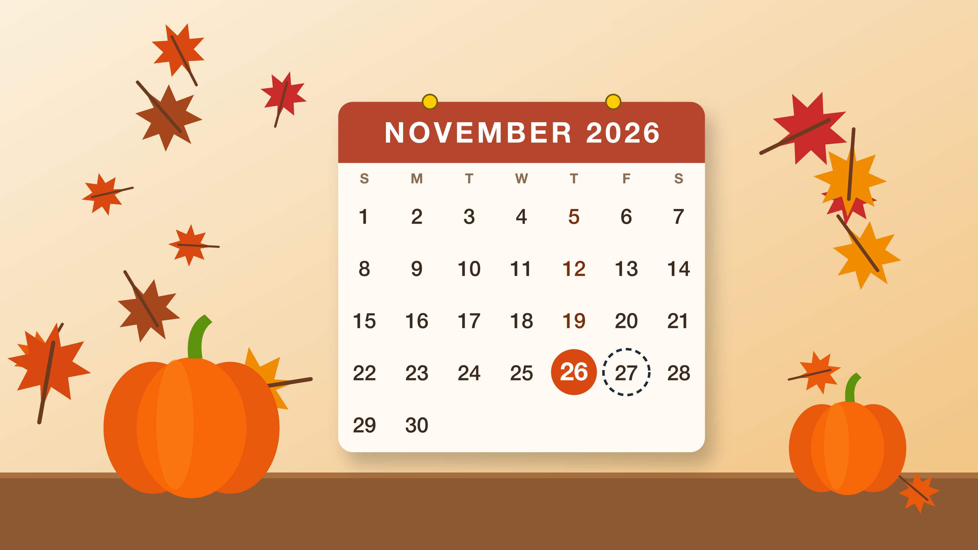 Illustration of a November 2026 calendar with Thursday the 26th circled among autumn leaves and pumpkins