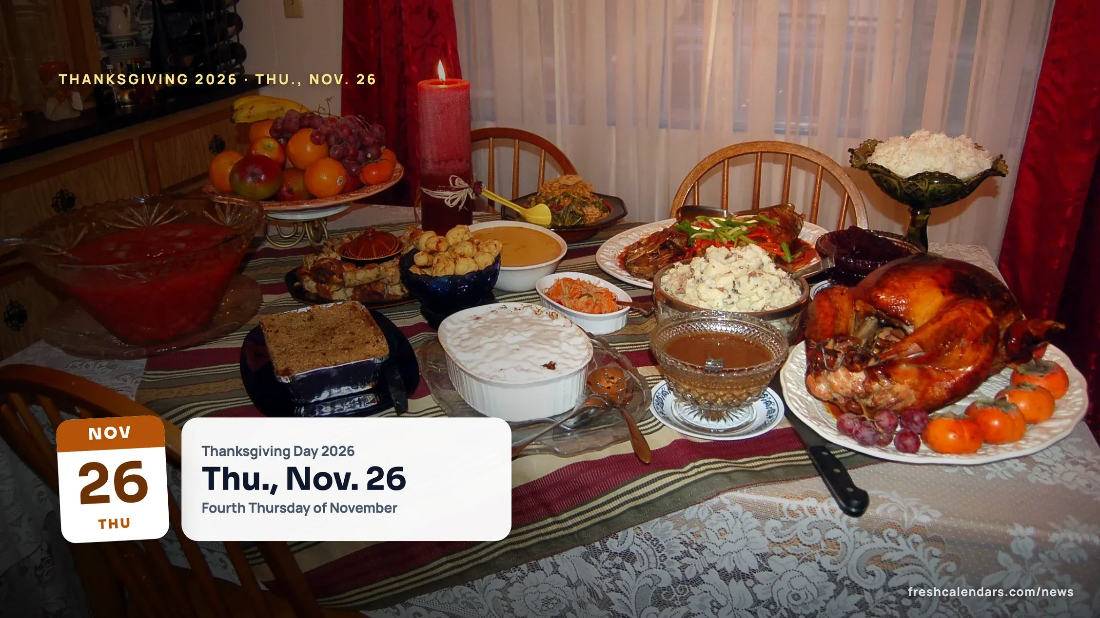 Thanksgiving 2026 dinner table with a roast turkey, gravy boat, mashed potatoes, a red candle, a fruit bowl, a bowl of red punch and persimmons