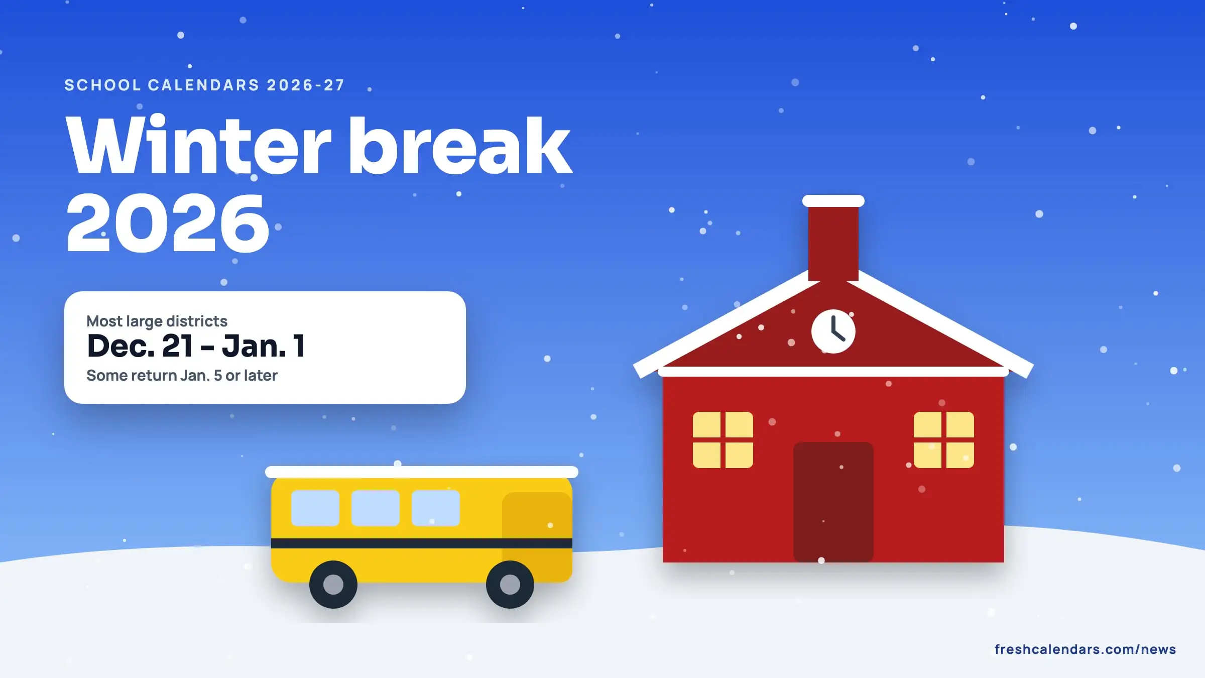 Winter break 2026: a snowy red schoolhouse and a yellow school bus beside a card reading Dec. 21-Jan. 1 for most large districts