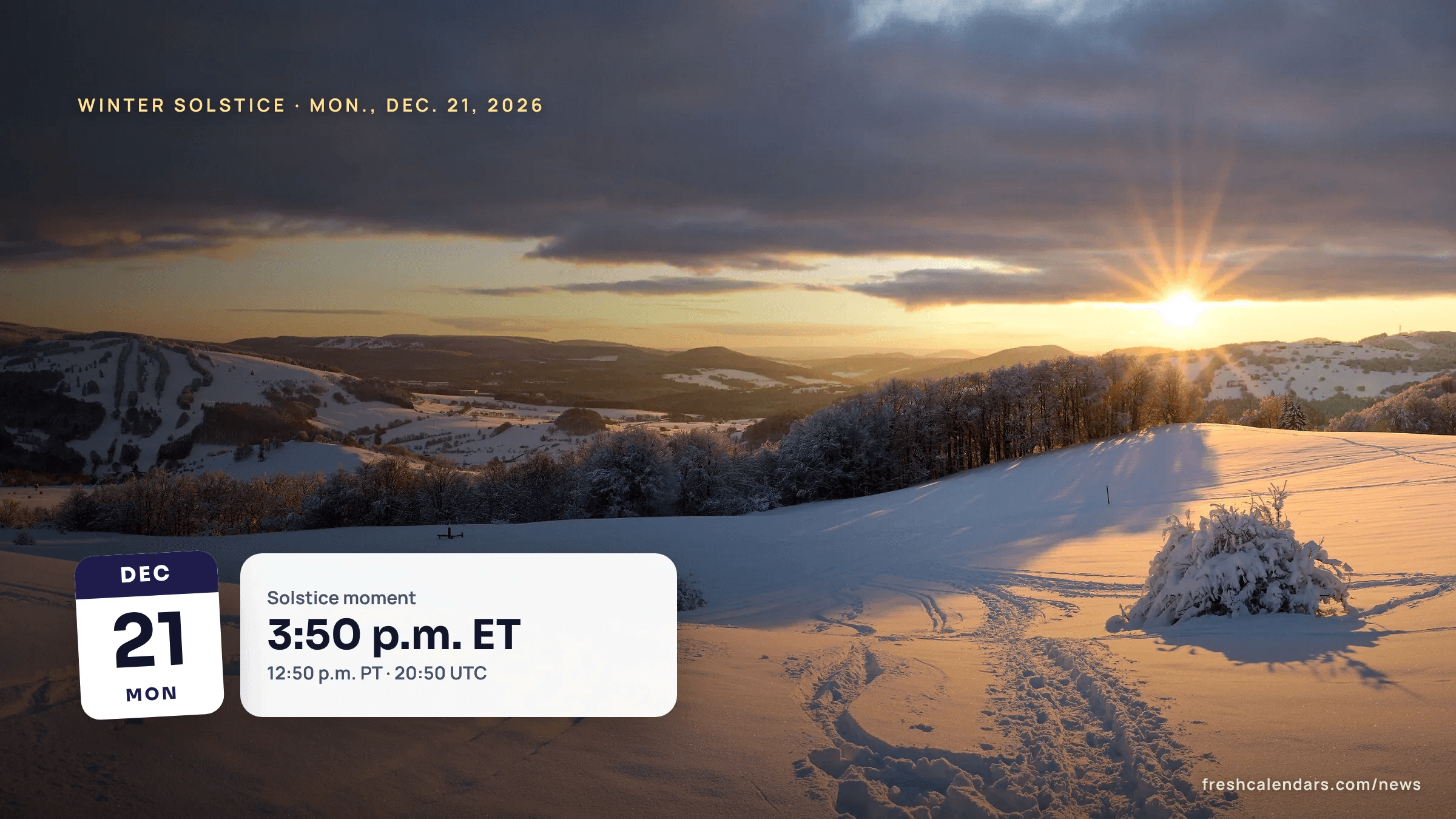 Low winter sun over snowy hills, a picture for the winter solstice 2026 on Dec. 21