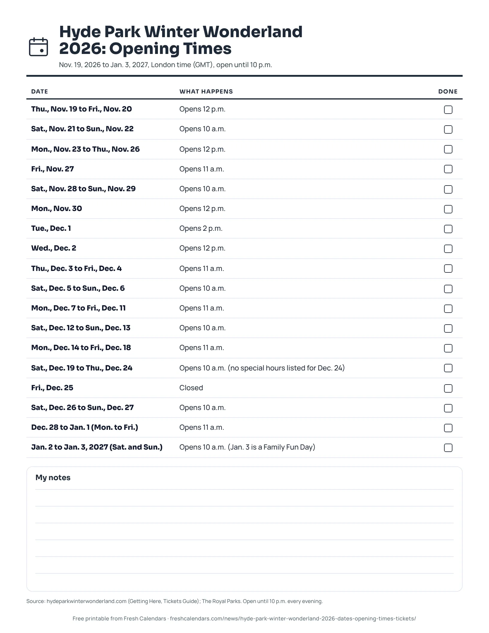Printable list of Hyde Park Winter Wonderland 2026 opening times by date range, ink-saver version