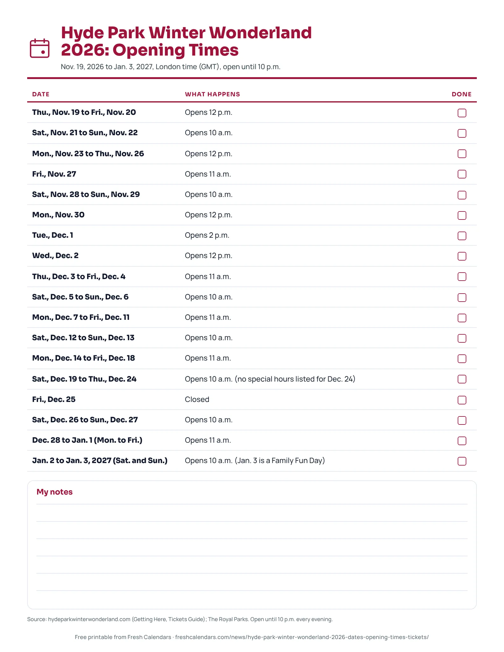 Printable list of Hyde Park Winter Wonderland 2026 opening times by date range.