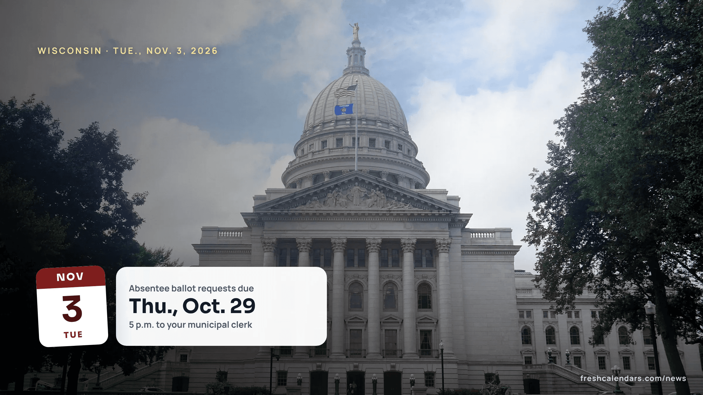Wisconsin ballot 2026: the Wisconsin State Capitol dome in Madison under a partly cloudy sky