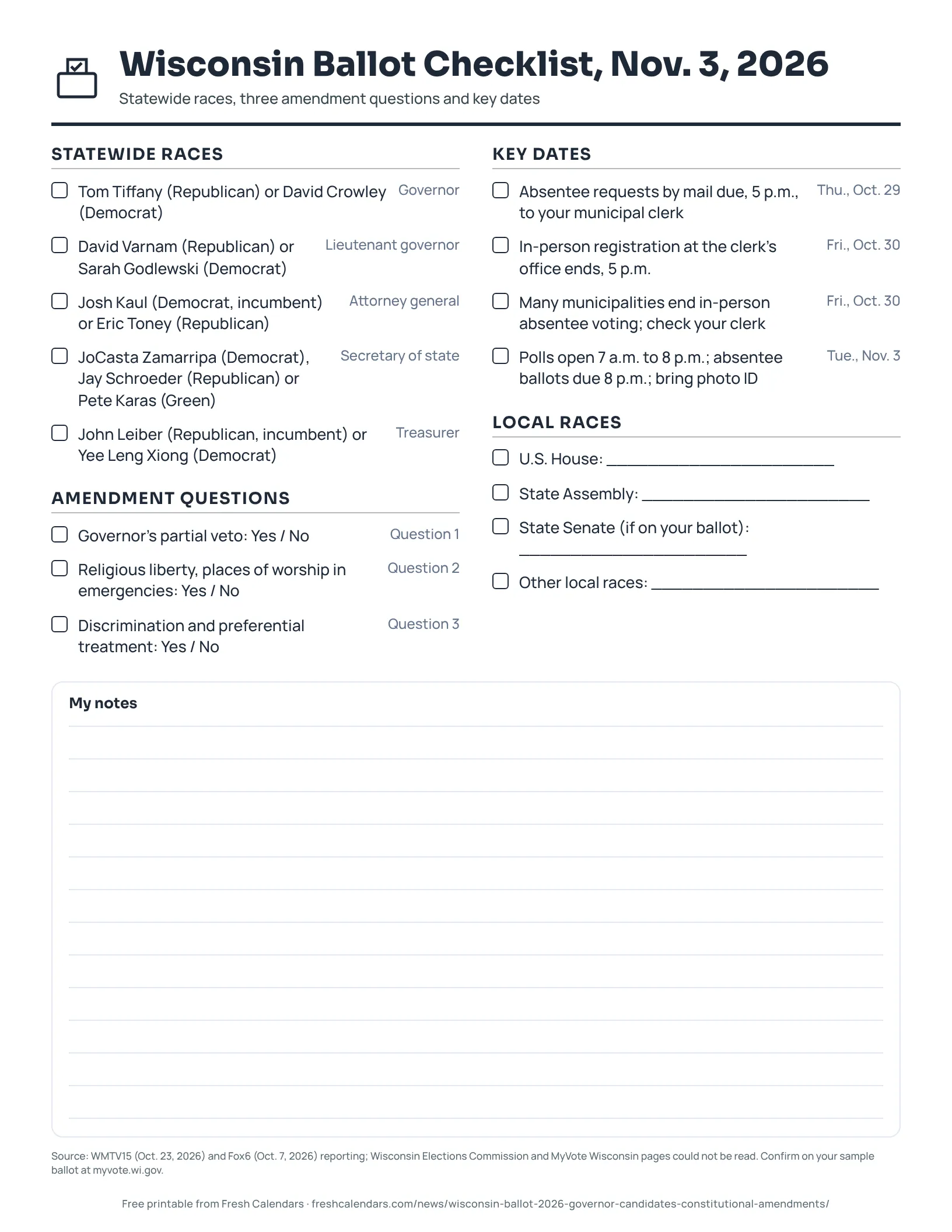 Wisconsin ballot checklist 2026 printable with statewide candidates, three amendment questions with Yes and No boxes and key dates, ink-saver version