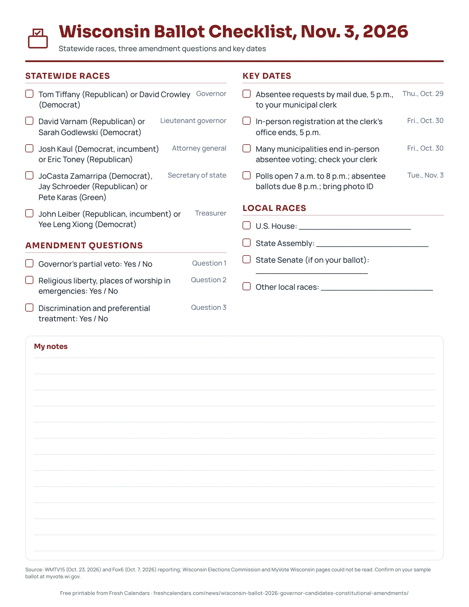 Wisconsin ballot checklist 2026 printable with statewide candidates, three amendment questions with Yes and No boxes and key dates